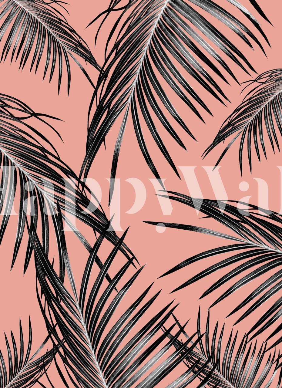 Black palm leaves on a soft peach background wallpaper