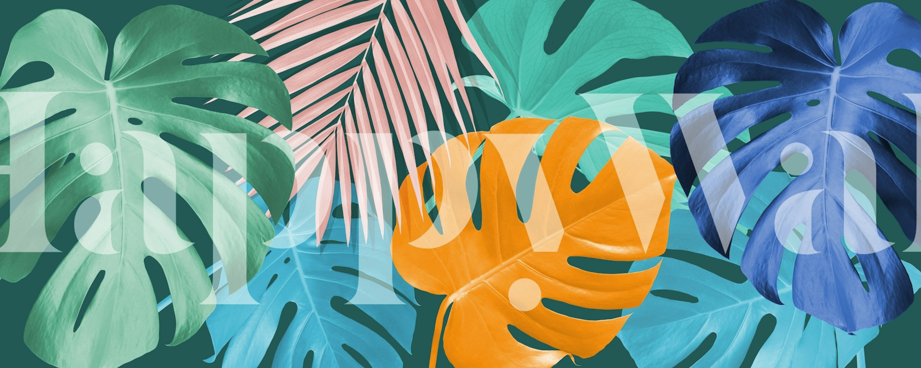 Fotomural vinílico de padrão tropical com folhagem verde exuberante, azul-petróleo e laranja
