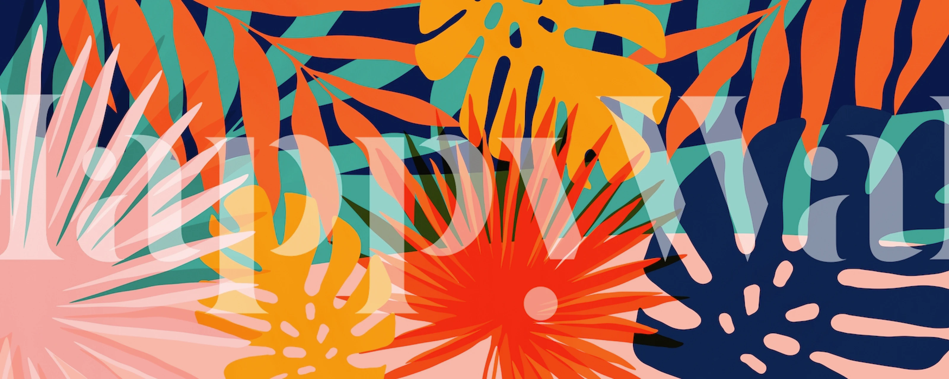 Vibrant tropical foliage wall mural with orange, green, and blue leaves