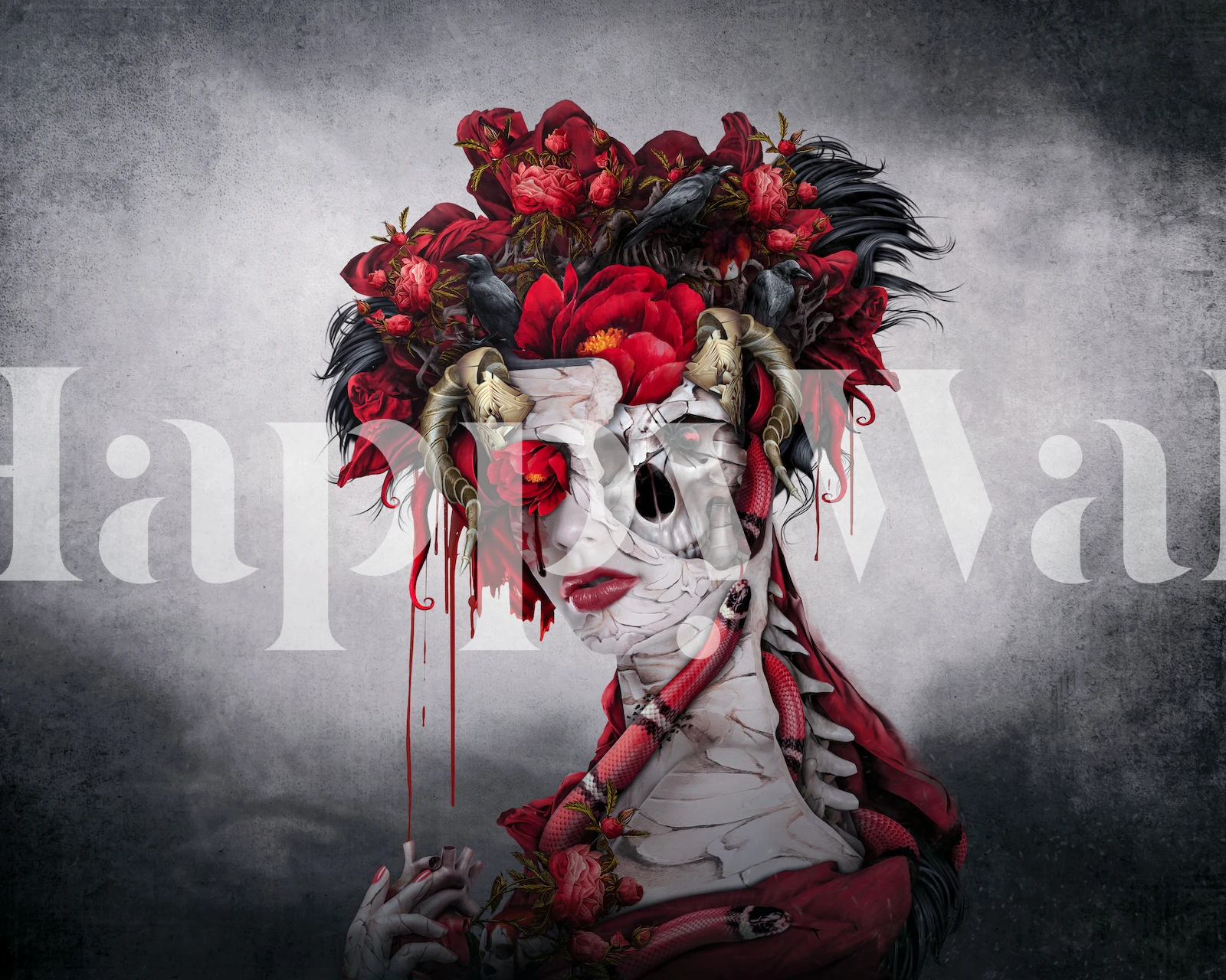 Skull woman with red floral crown and dark background wallpaper