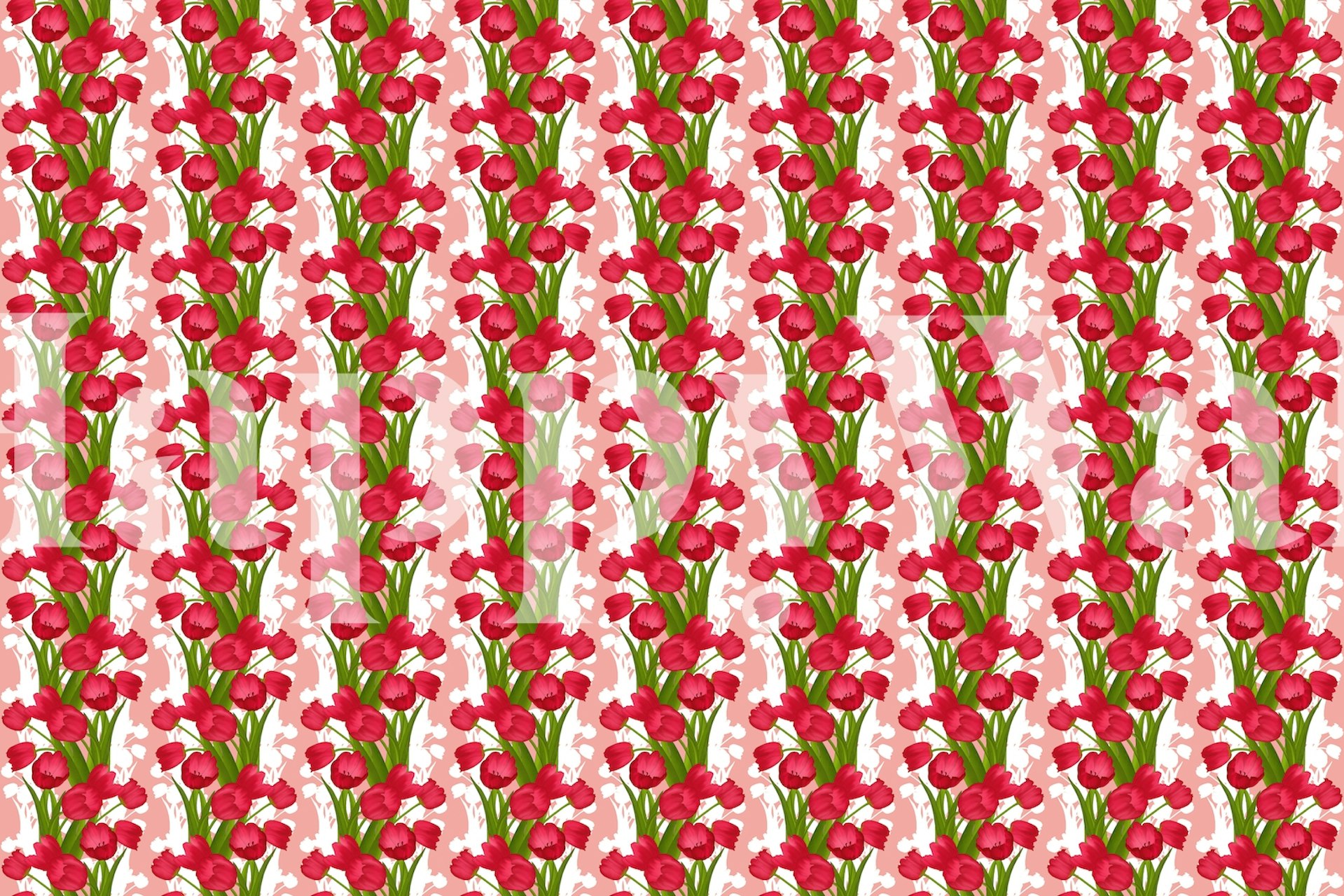 Red tulips with green leaves pattern on a light background wallpaper