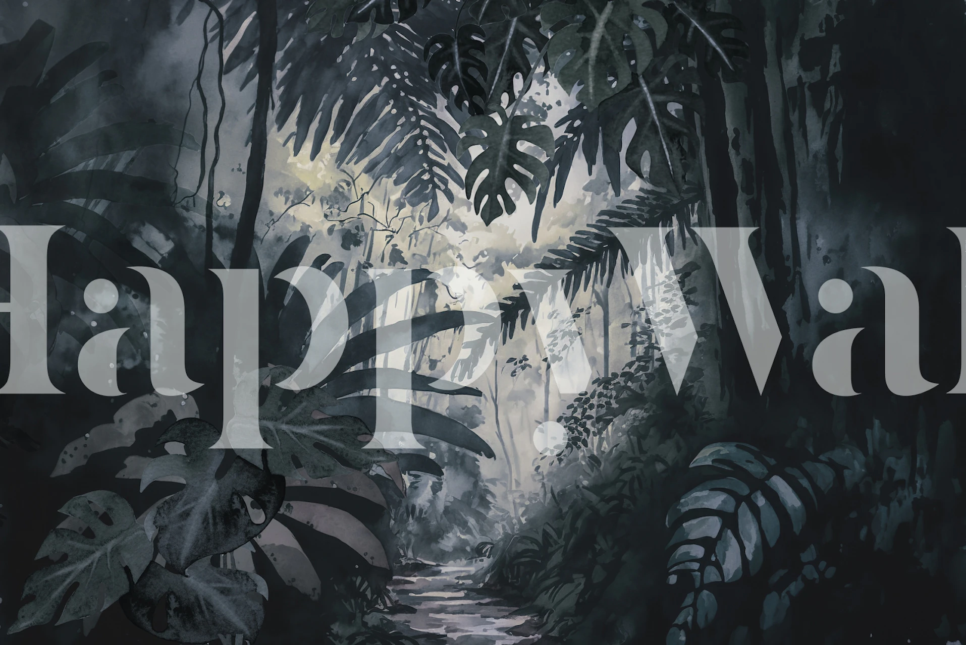 Tropical Jungle Teal Grey behang in een kamer