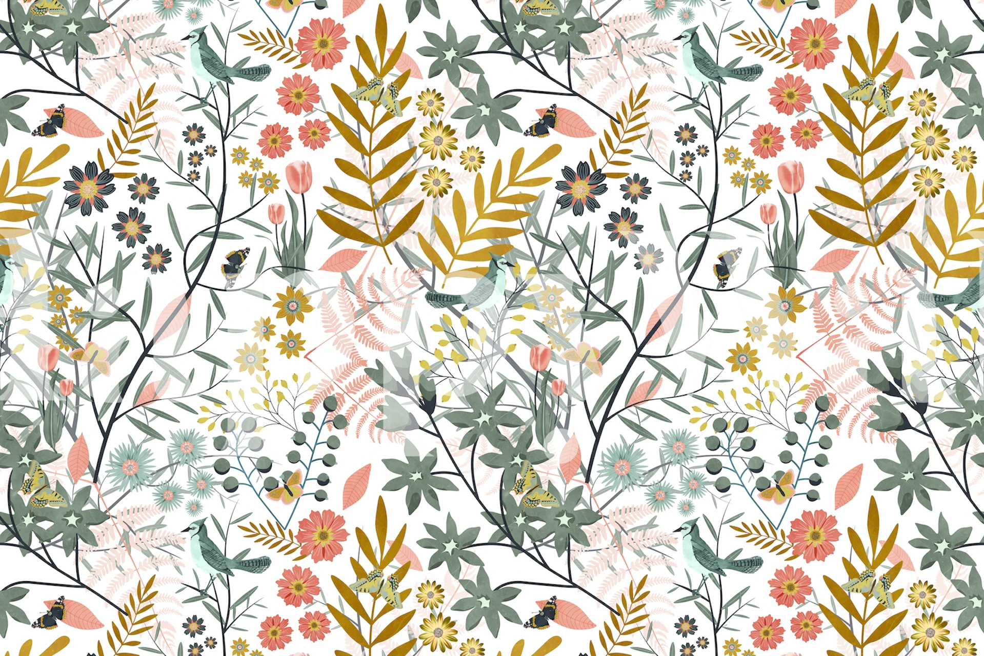 Birds and butterflies garden wallpaper design