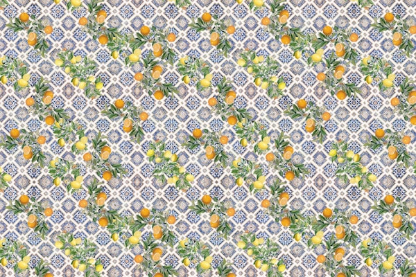 Mediterranean Blue tiles and citrus fruit pattern