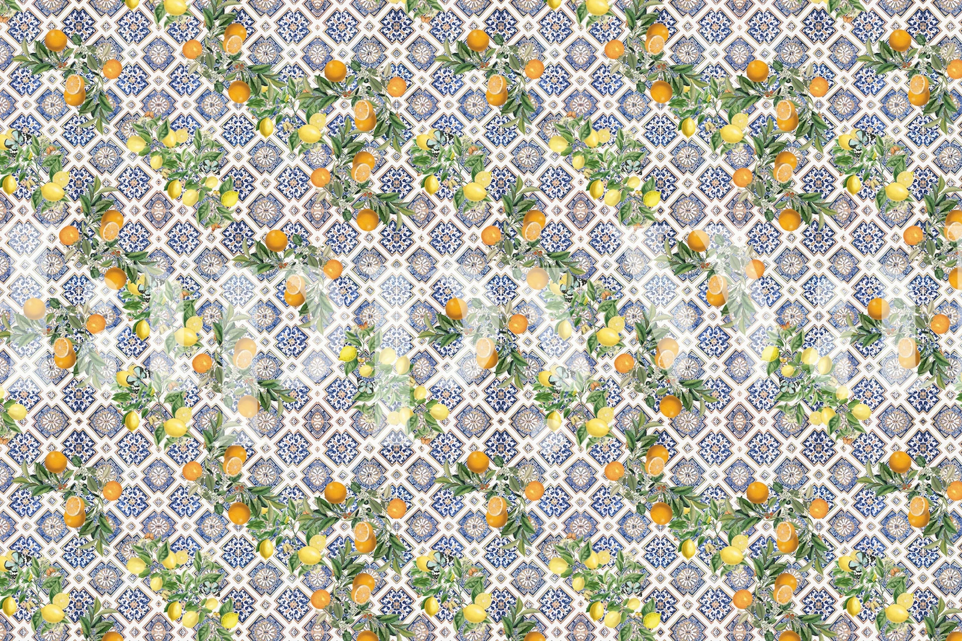 Mediterranean blue tiles og citrus fruit wallpaper