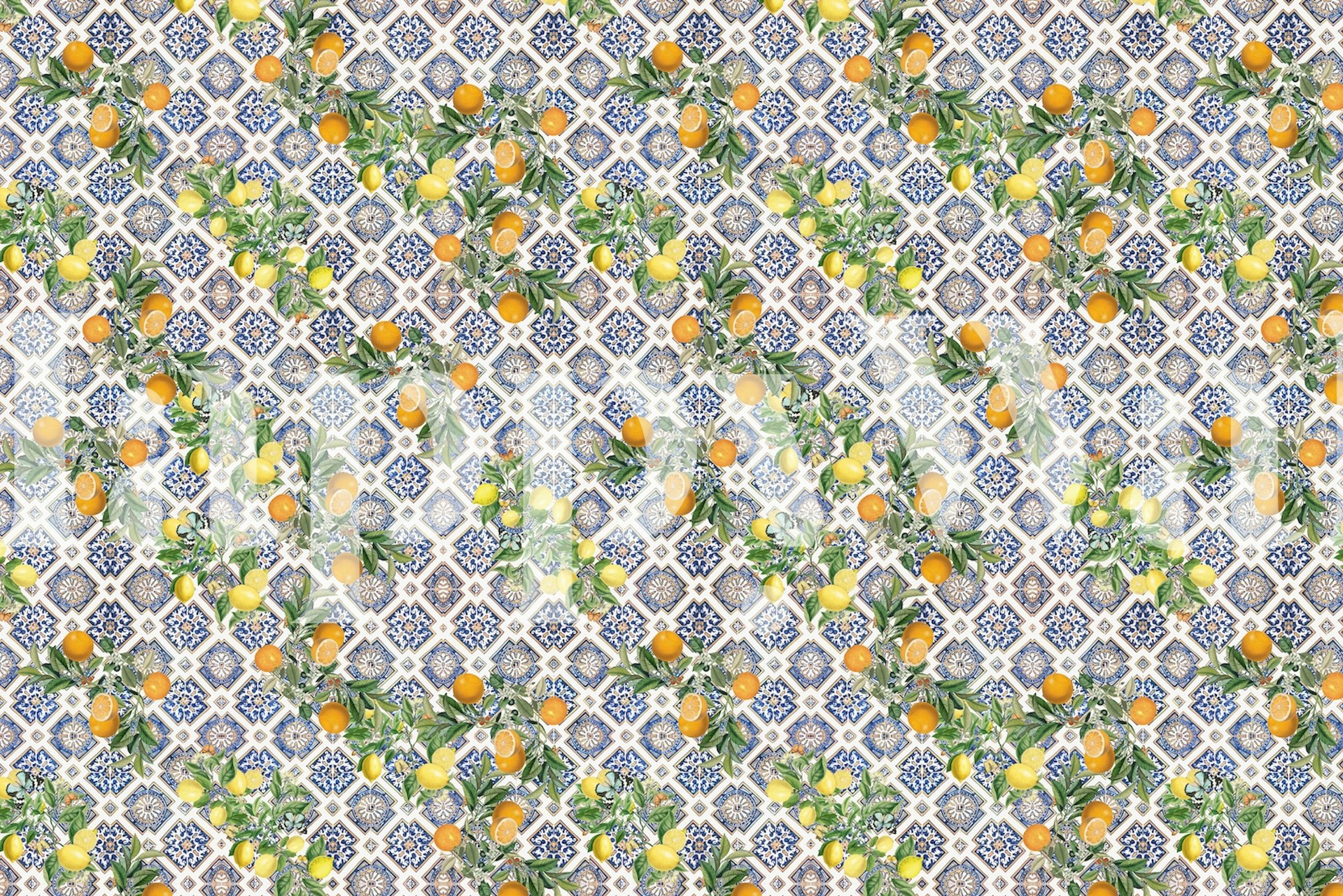 Mediterranean blue tiles og citrus fruit wallpaper