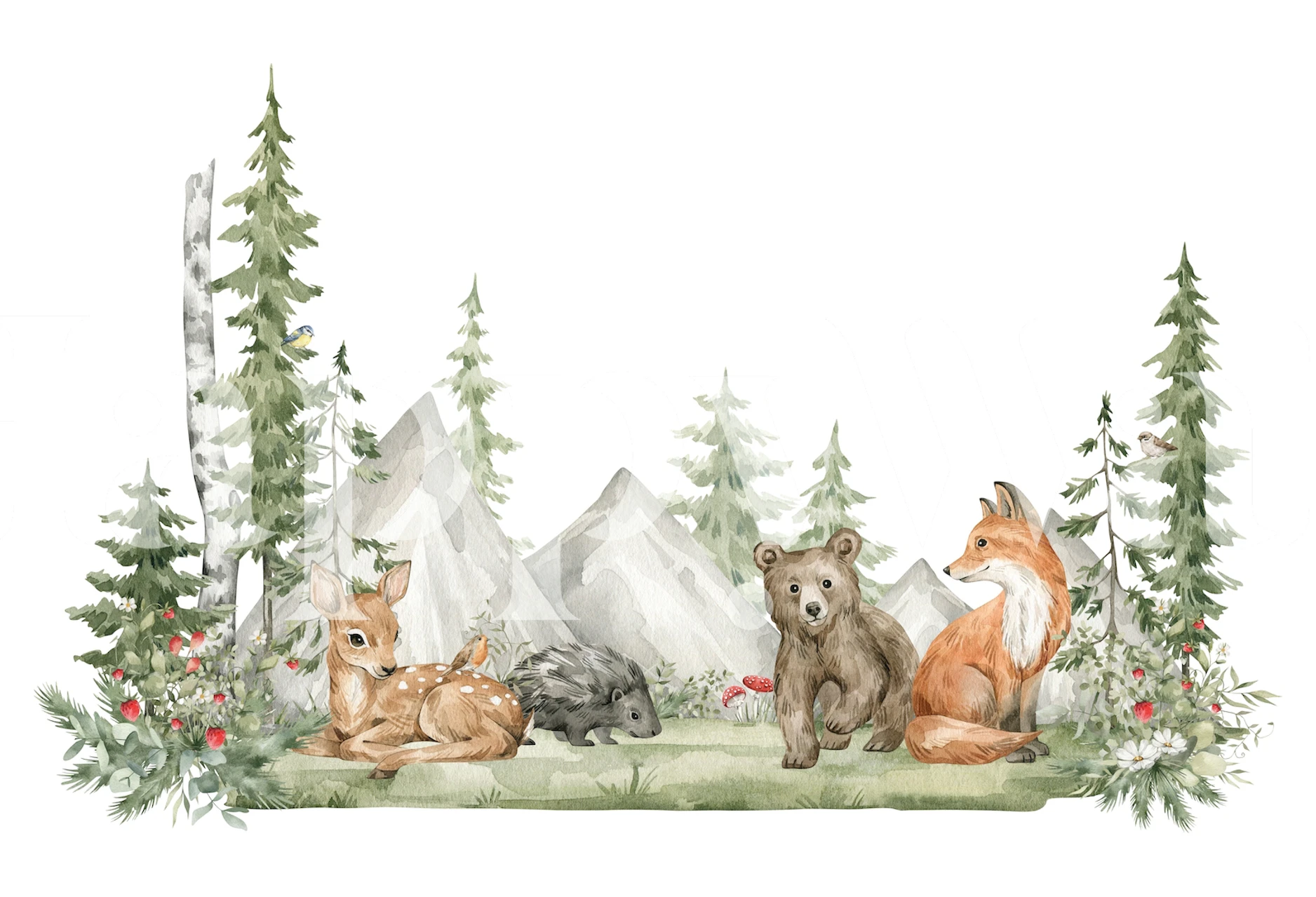 Illustrated forest animals wall mural with bear, squirrel, deer, and rabbits among trees and mountains