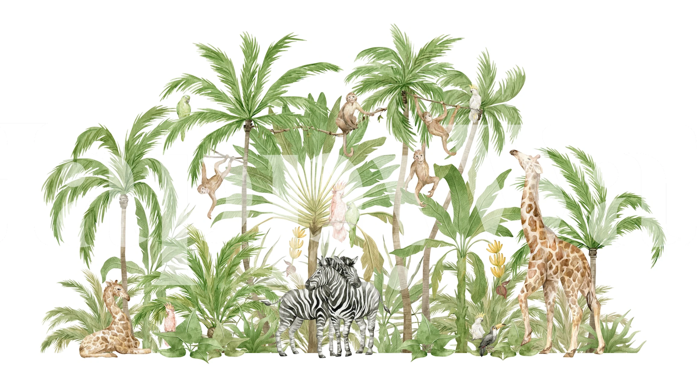 Kuva rauhallisesta safarikohtauksesta, jossa on villieläimiä ja trooppisia kasveja seinämaalauksessa