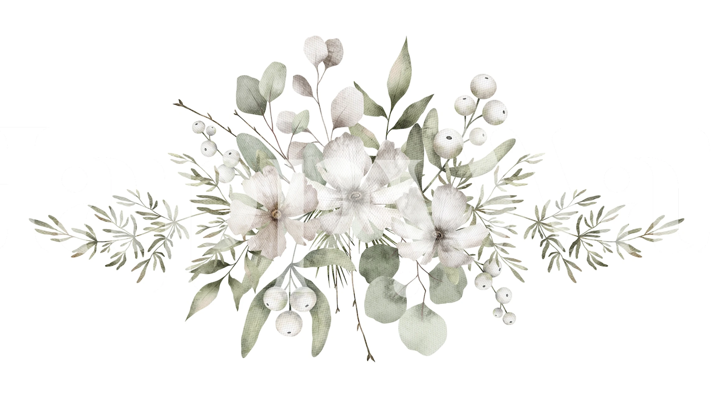 Floral bouquet design in soft greens and whites wallpaper