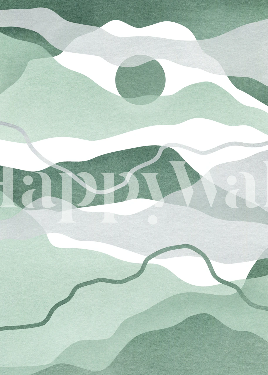 Abstrakcyjna zielona fototapeta z akwarelowym krajobrazem przedstawiająca wzgórza i pogodne niebo