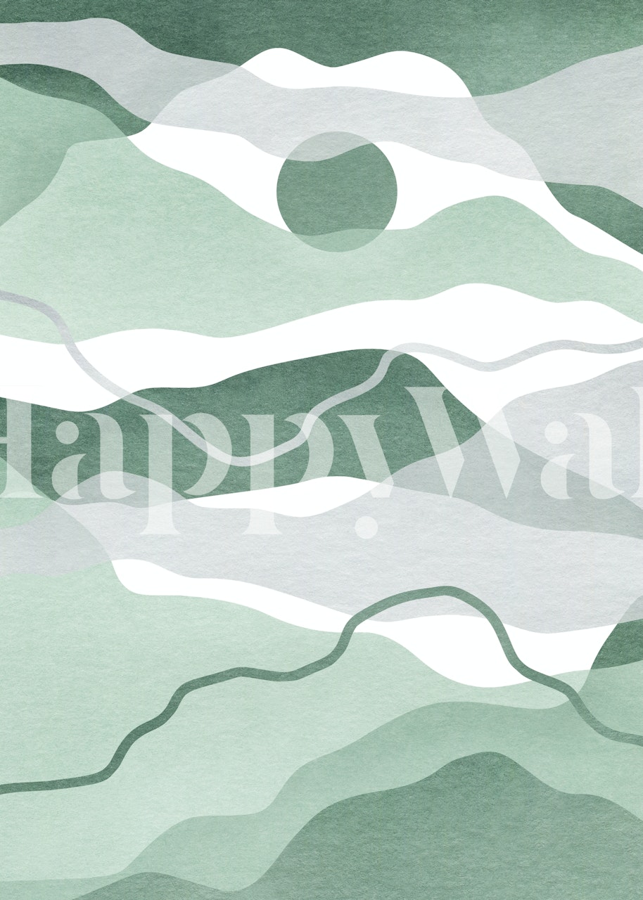 Abstract green watercolor landscape wall mural depicting rolling hills and serene skies