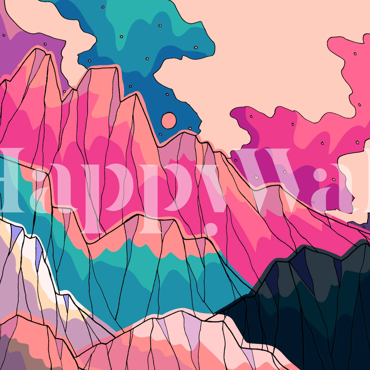 Abstraktes Wandbild mit Bergkette und Schichten aus rosa, blauen und violetten Farbtönen