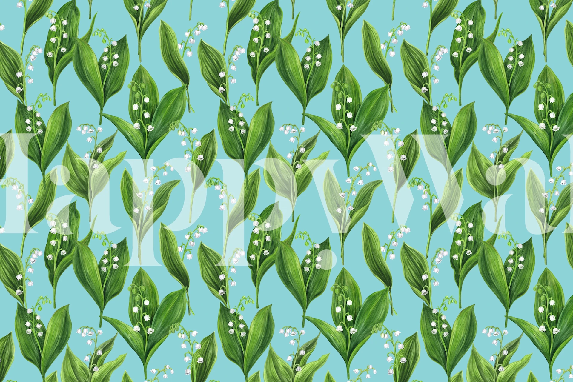 Lily of the valley flowers green leaves on light blue background wallpaper