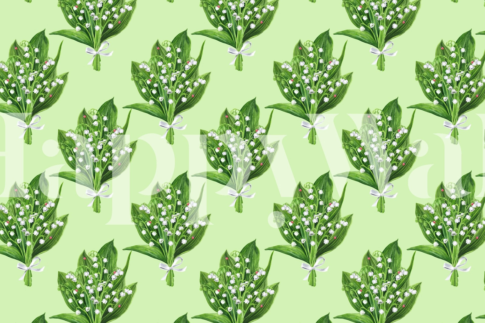 Repeated pattern of white lily bouquets on a soft green background wall mural