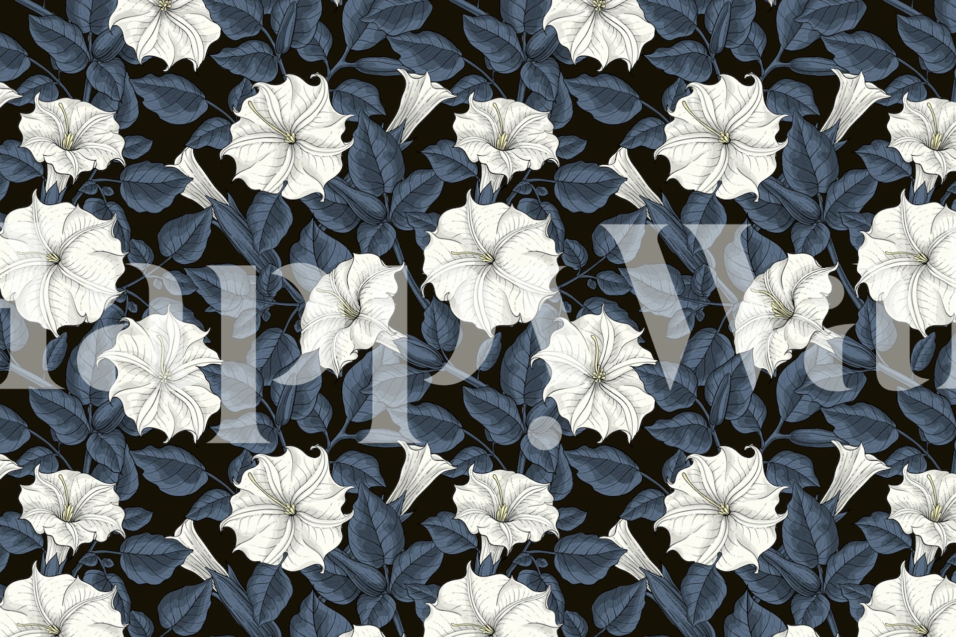 White moonflowers and green leaves on black background wallpaper
