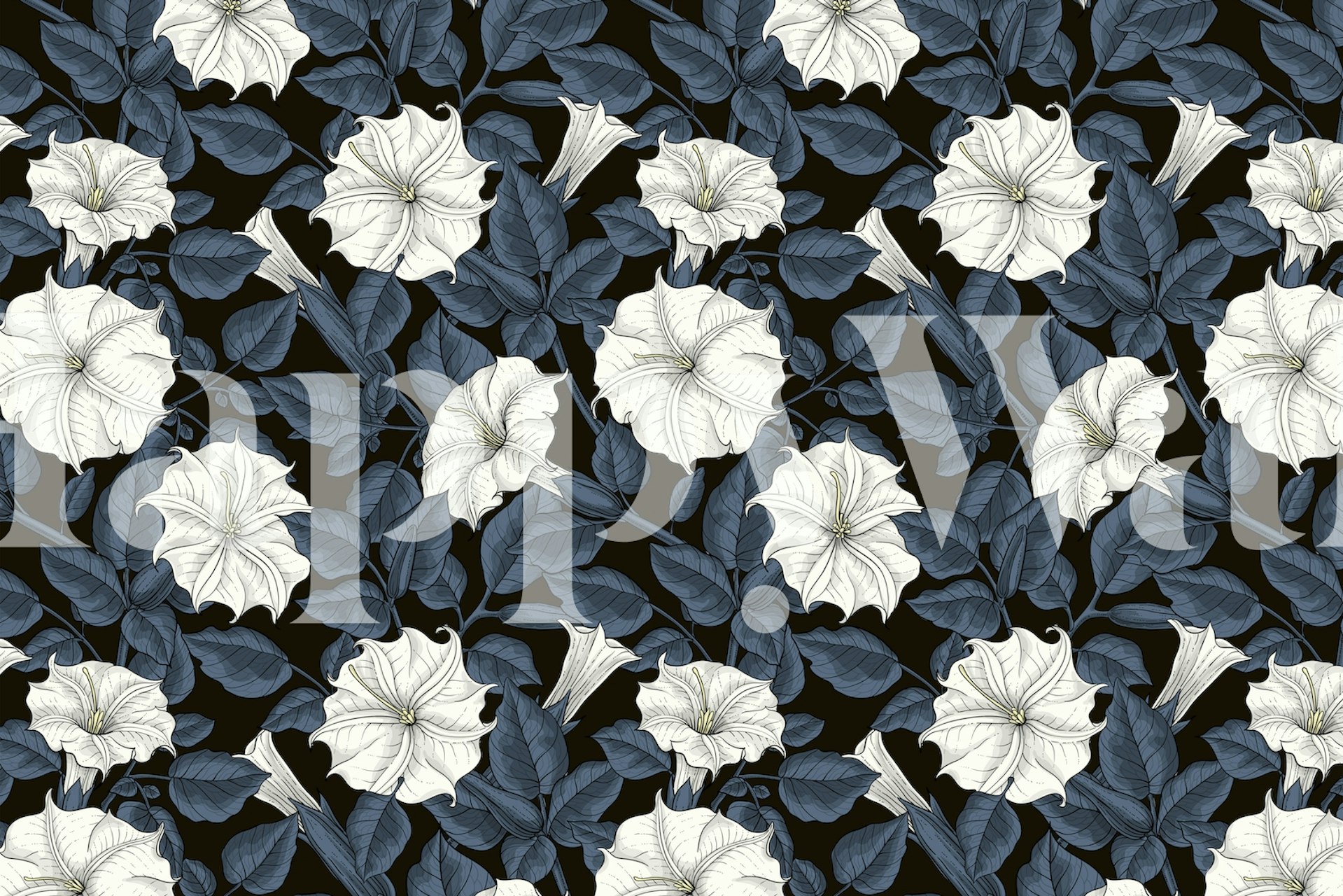 White moonflowers and green leaves on black background wallpaper