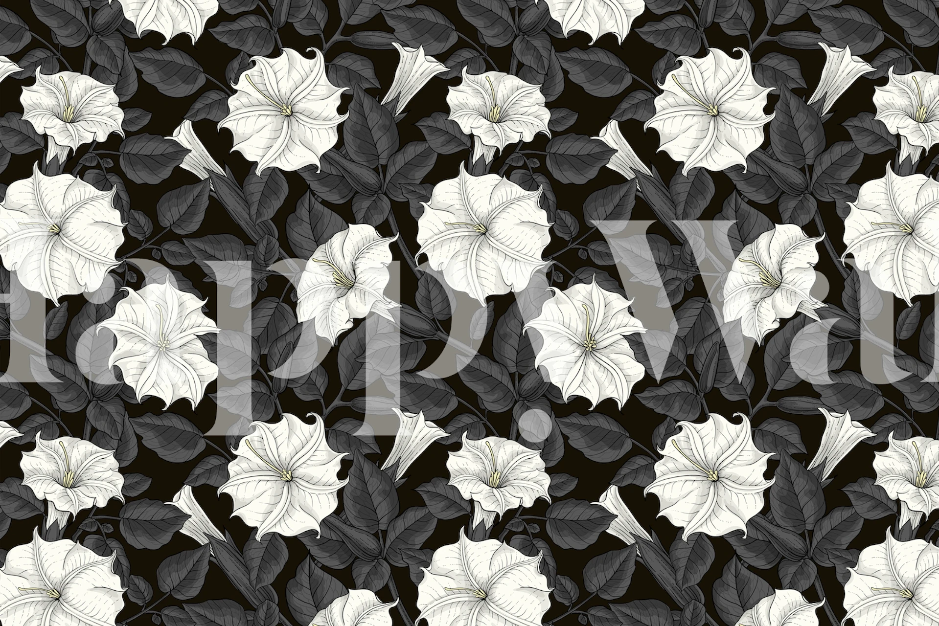 Black and white flowers with leaves wallpaper