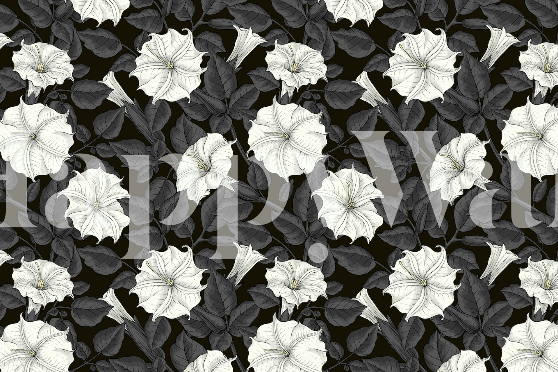 Black and white flowers with leaves wallpaper