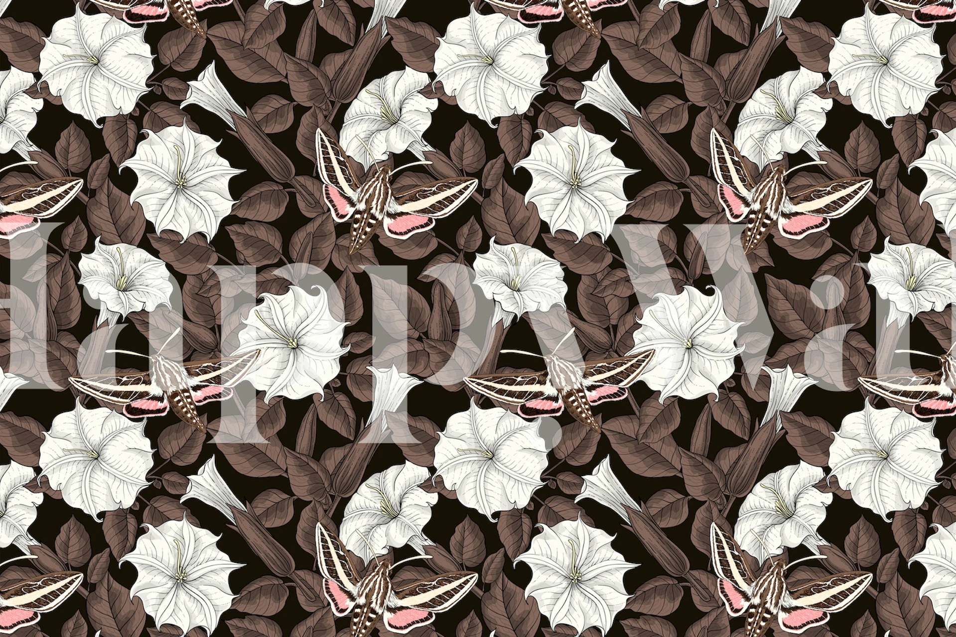 Black floral wallpaper with white moonflowers and sphinx moths