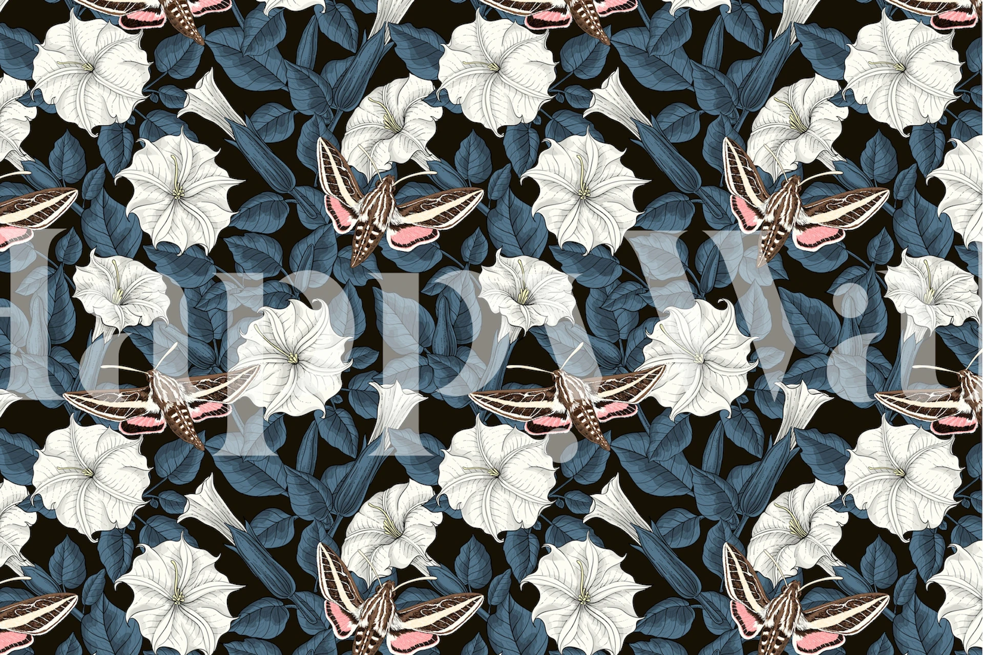 Moonflowers ja sphinx moths tapetti huoneessa