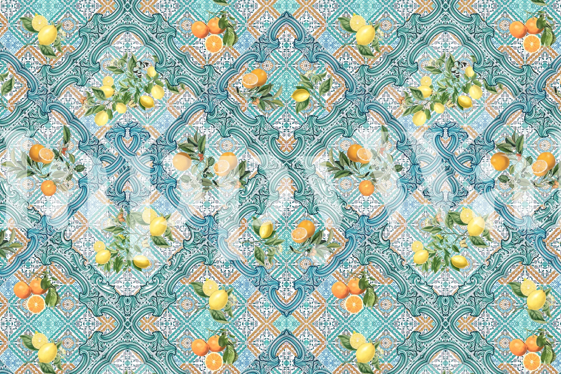 Teal geometric tiles with citrus fruits wall mural