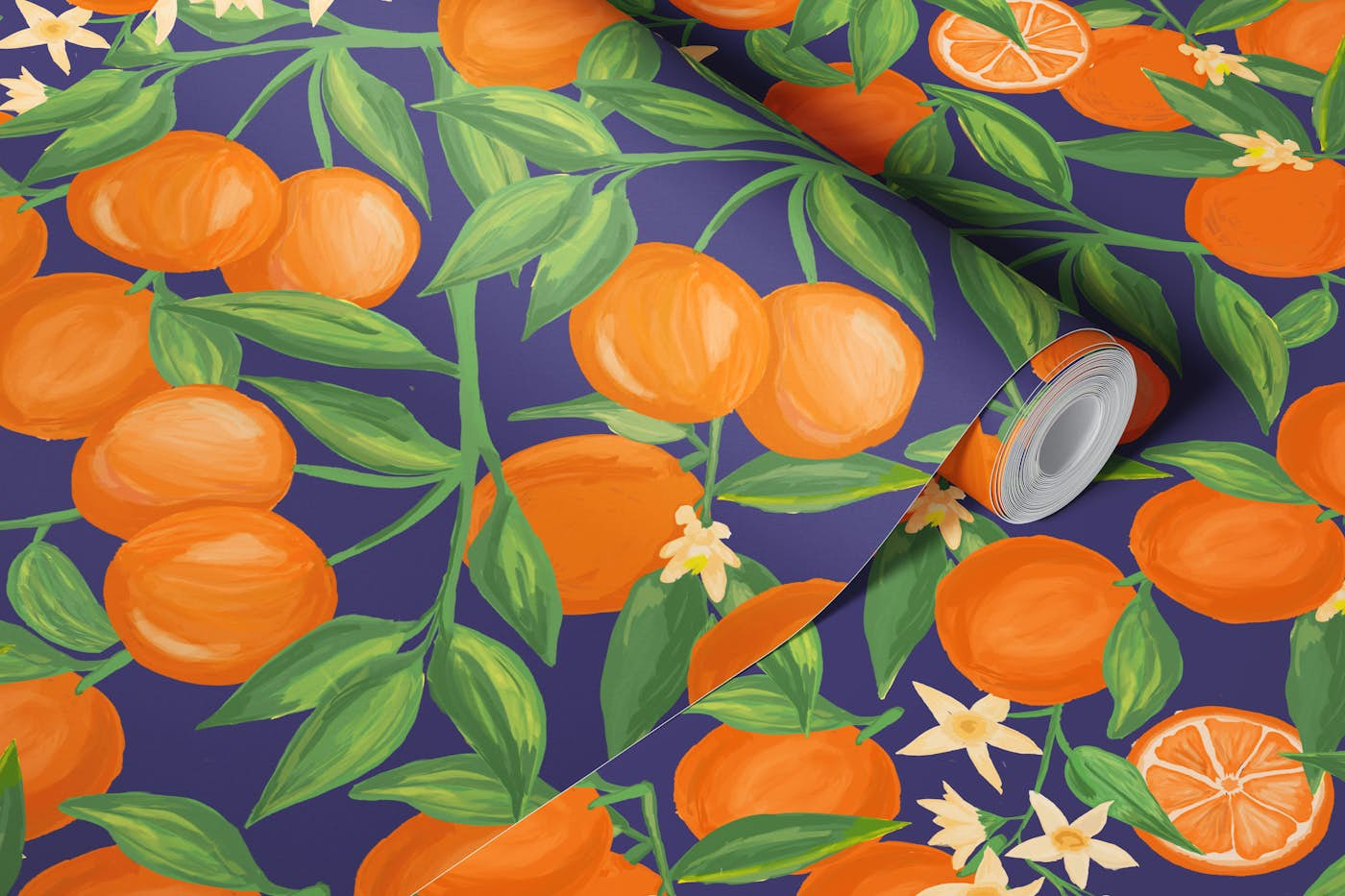 Fruits - Oranges on Blue wallpaper roll