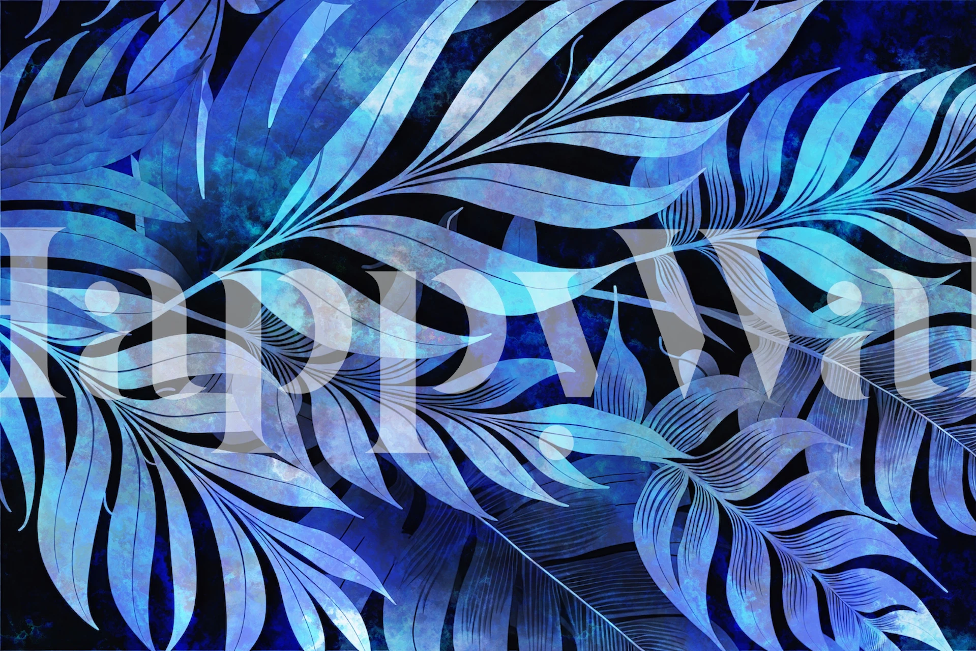 Tropical leaves in blue and teal shades on a dark wallpaper