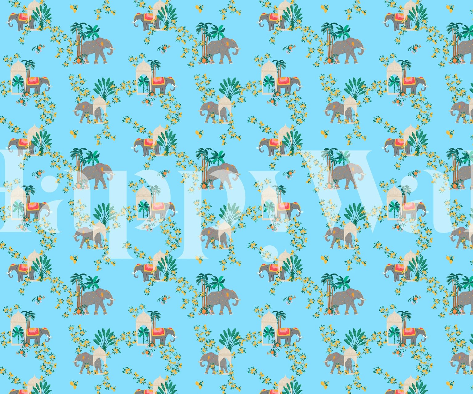 Chinoiserie elephants with flowers and palm leaves on blue wallpaper
