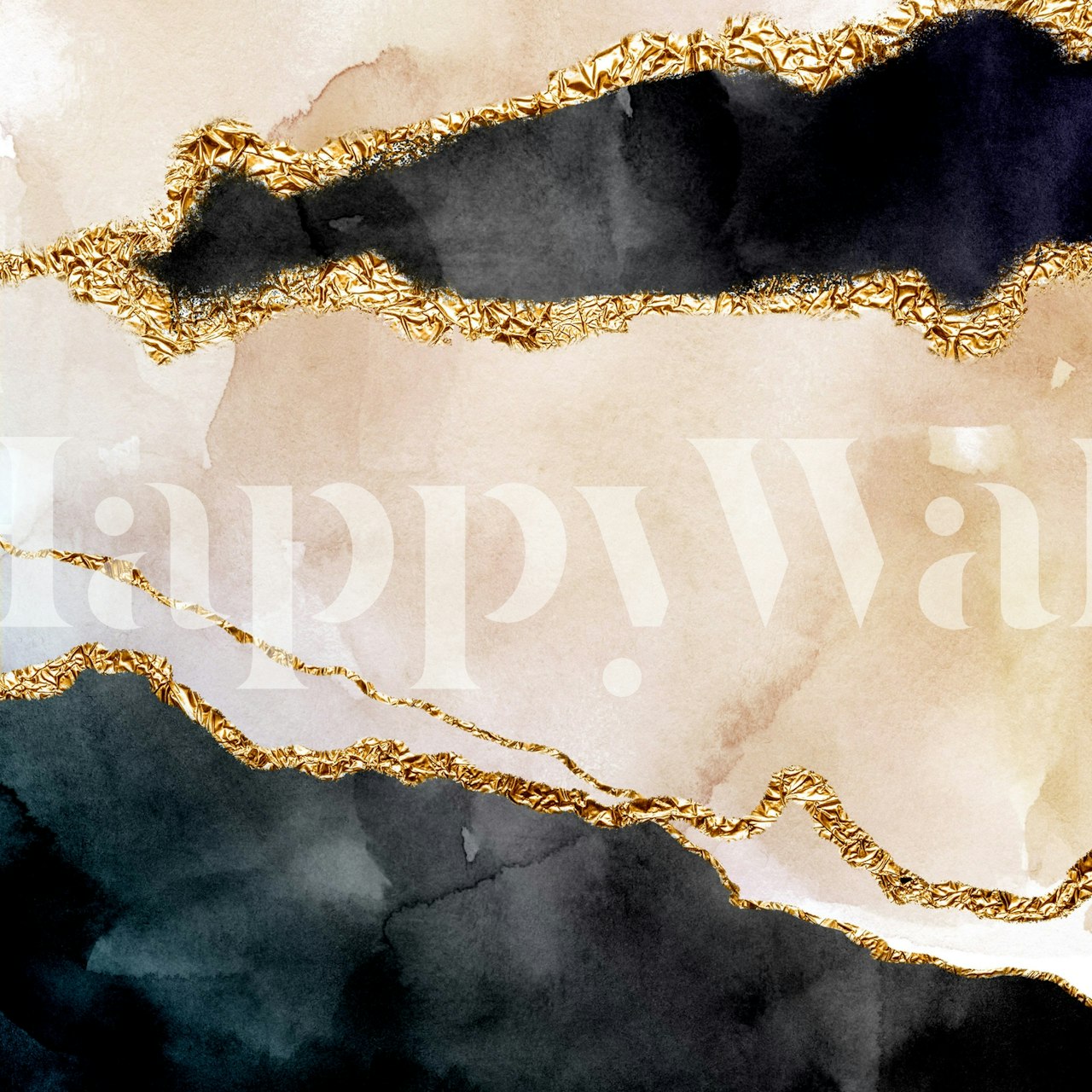 Abstract landscape wall mural with navy, gold, and cream watercolor textures