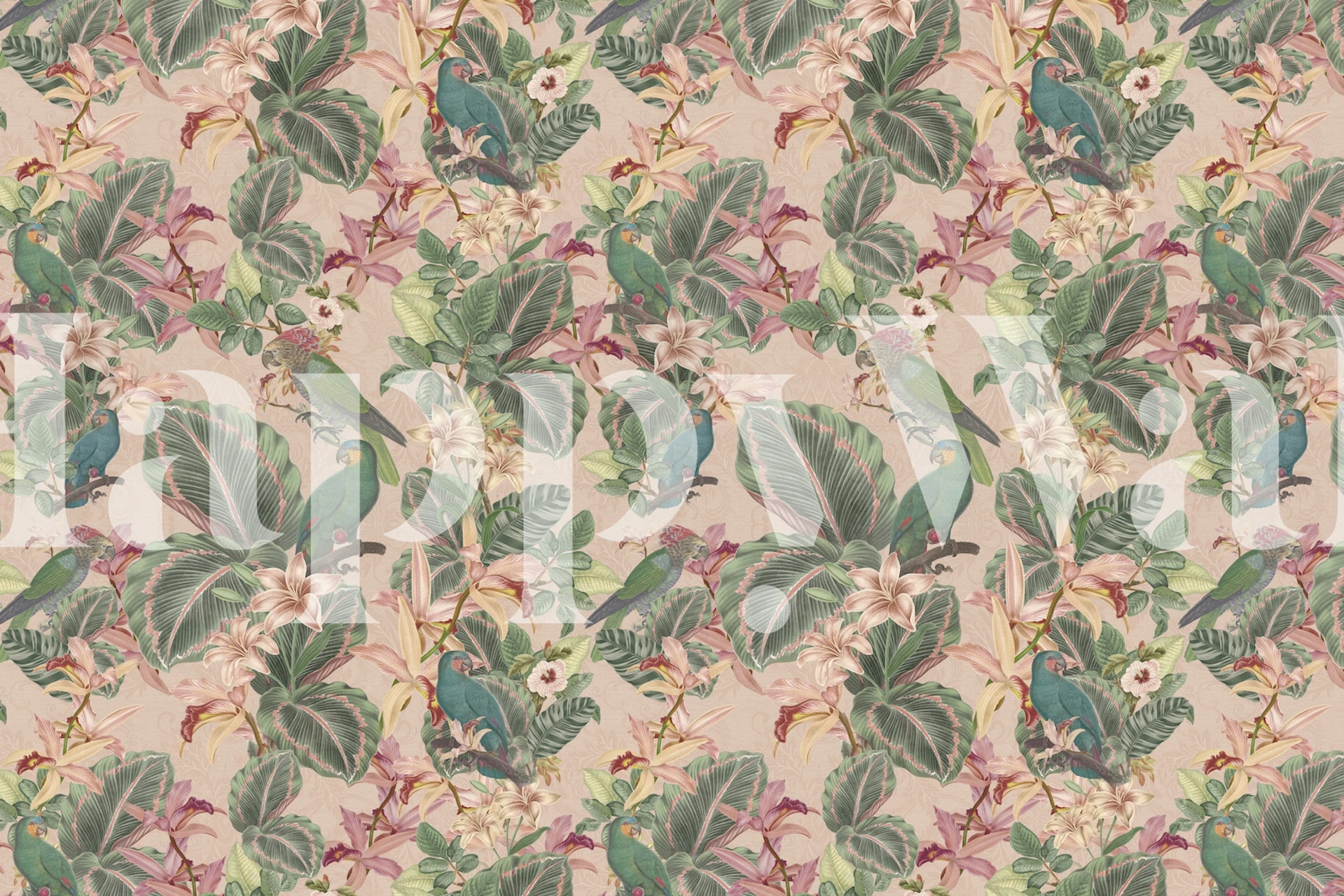 Tropical birds und leaves Tapete in einem Zimmer