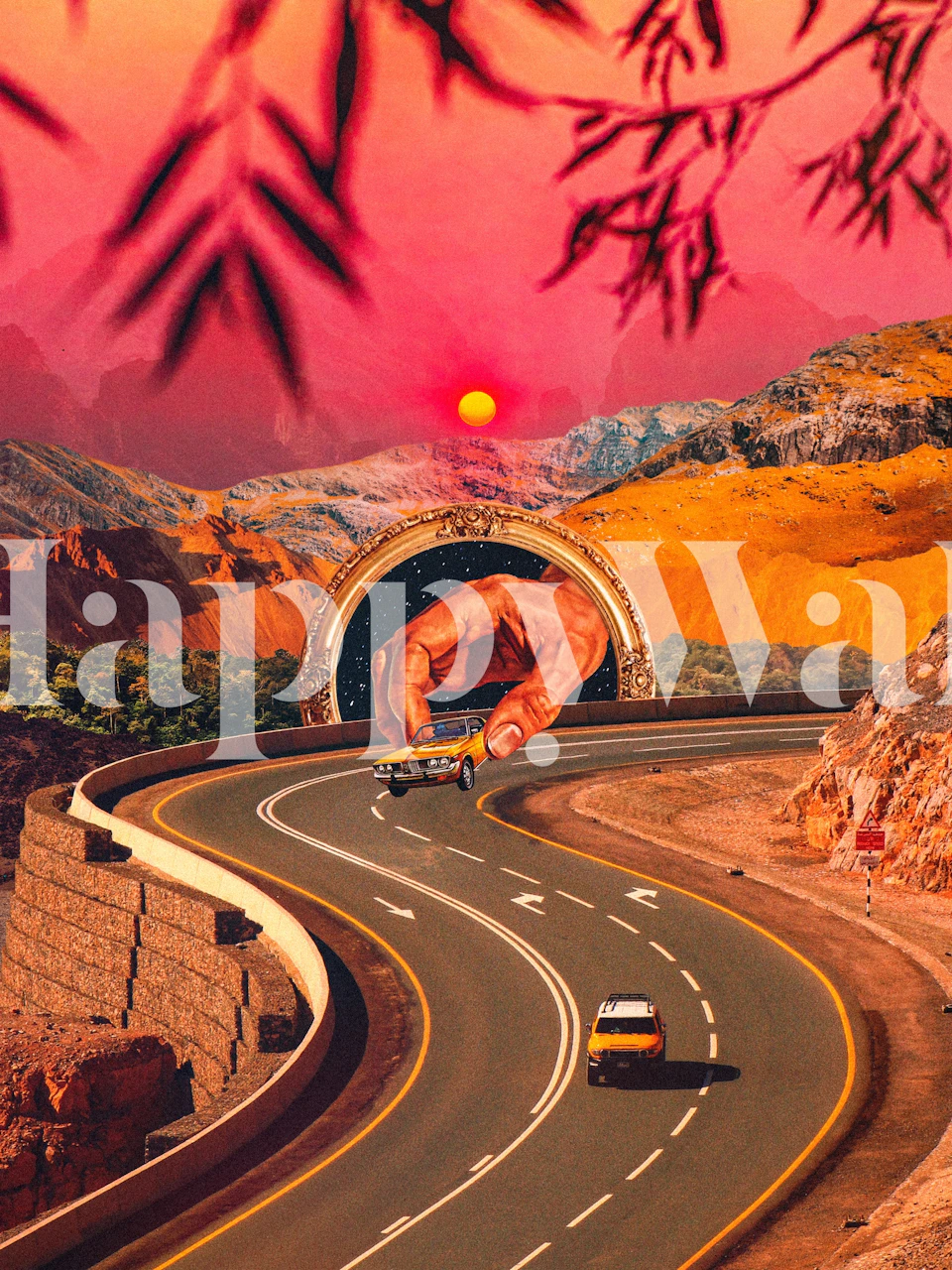 Surreal landscape with a winding road, vibrant sunset colors, and a large hand mural wallpaper