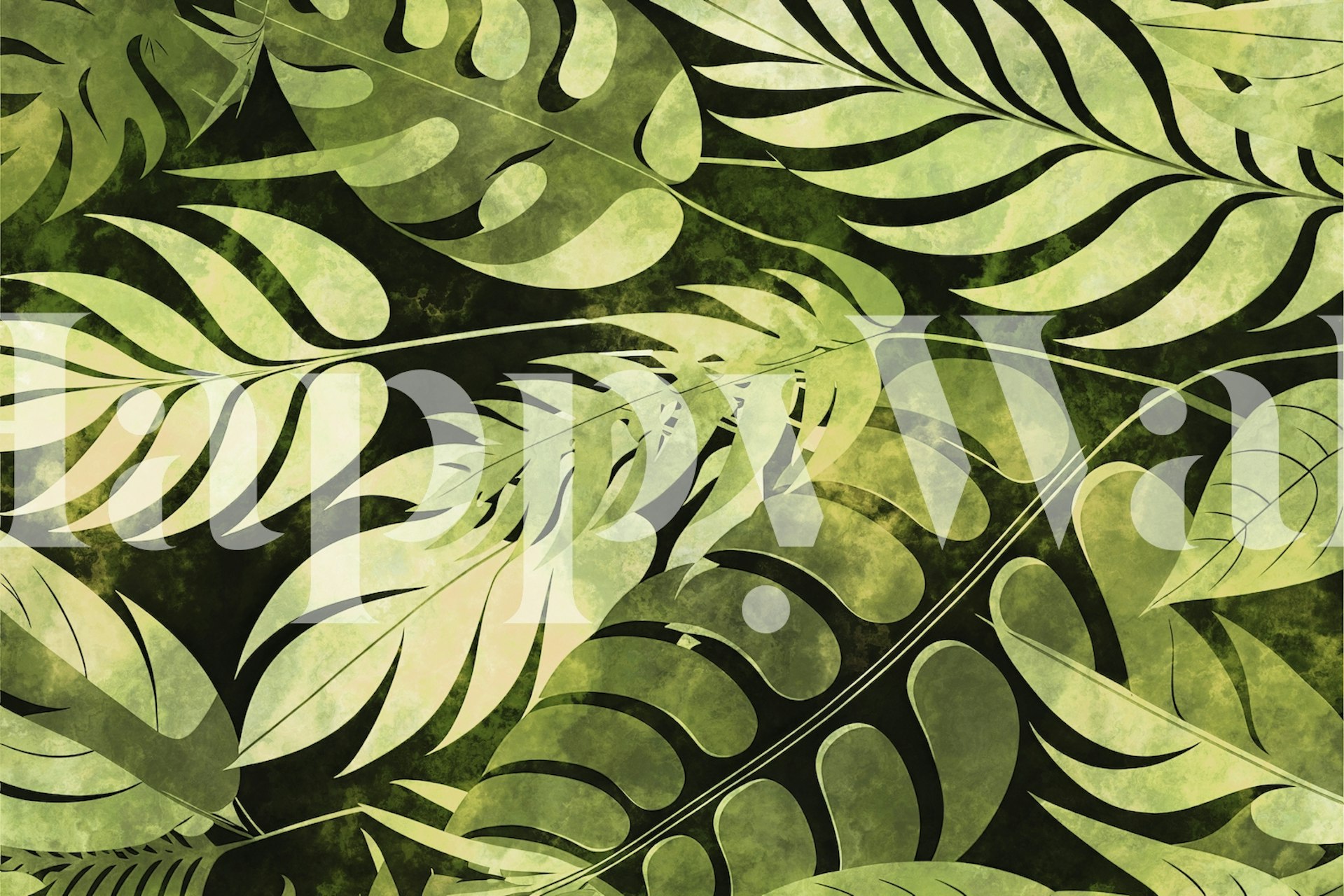 Green tropical leaves pattern on dark wallpaper