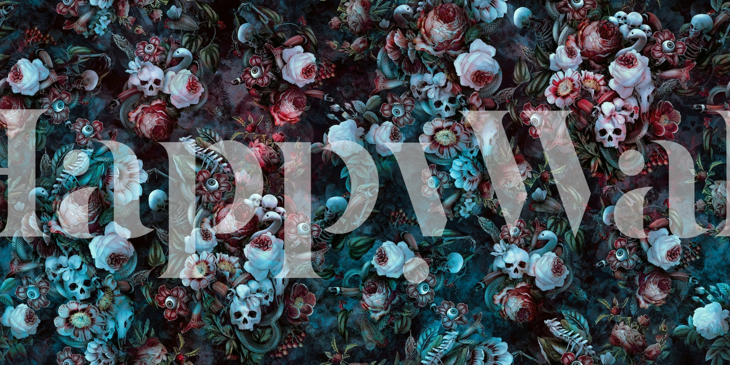 Mysterious floral pattern with watchful eyes embedded in darkness for wall mural