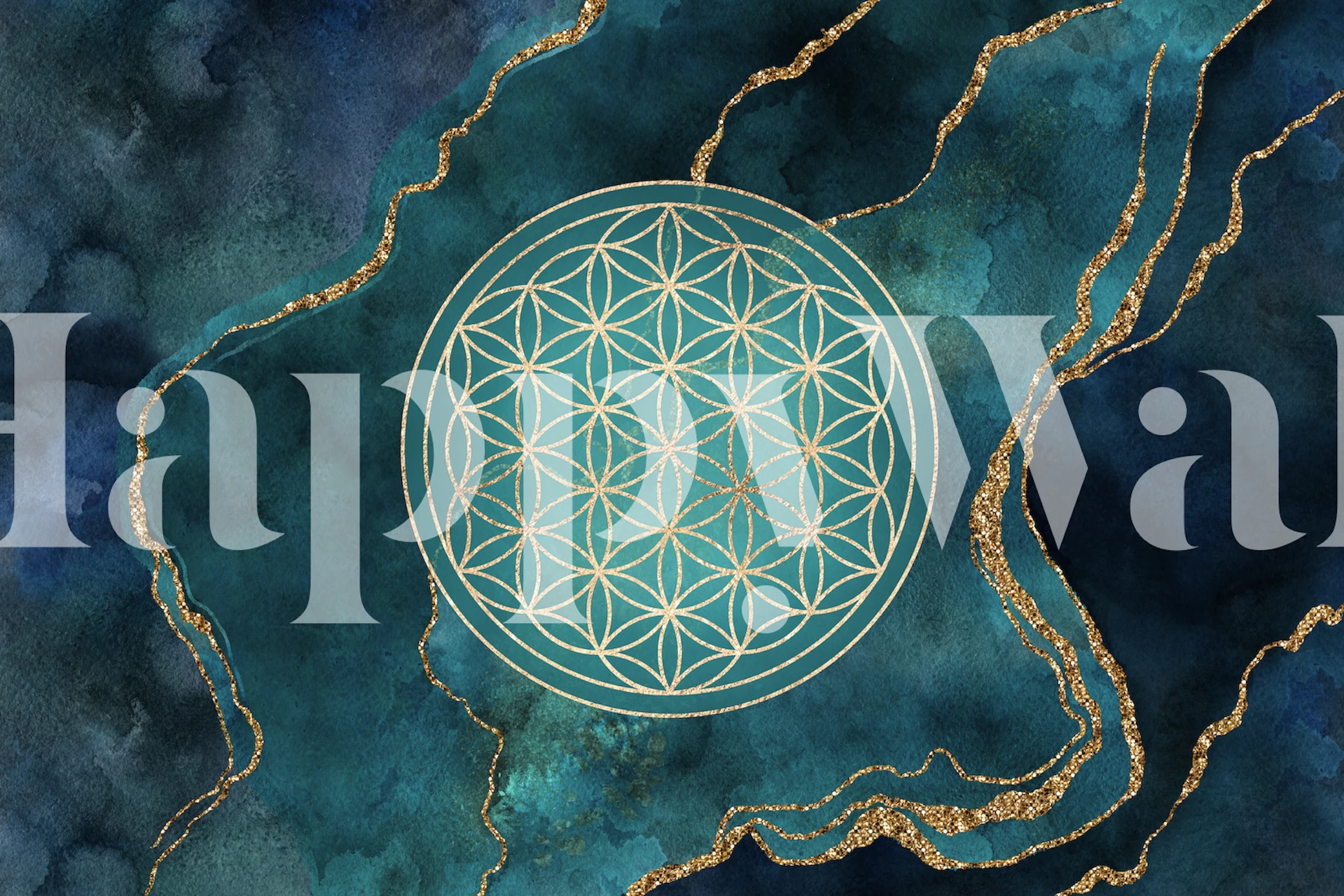 Flower of Life pattern in teal marble with golden accents wallpaper