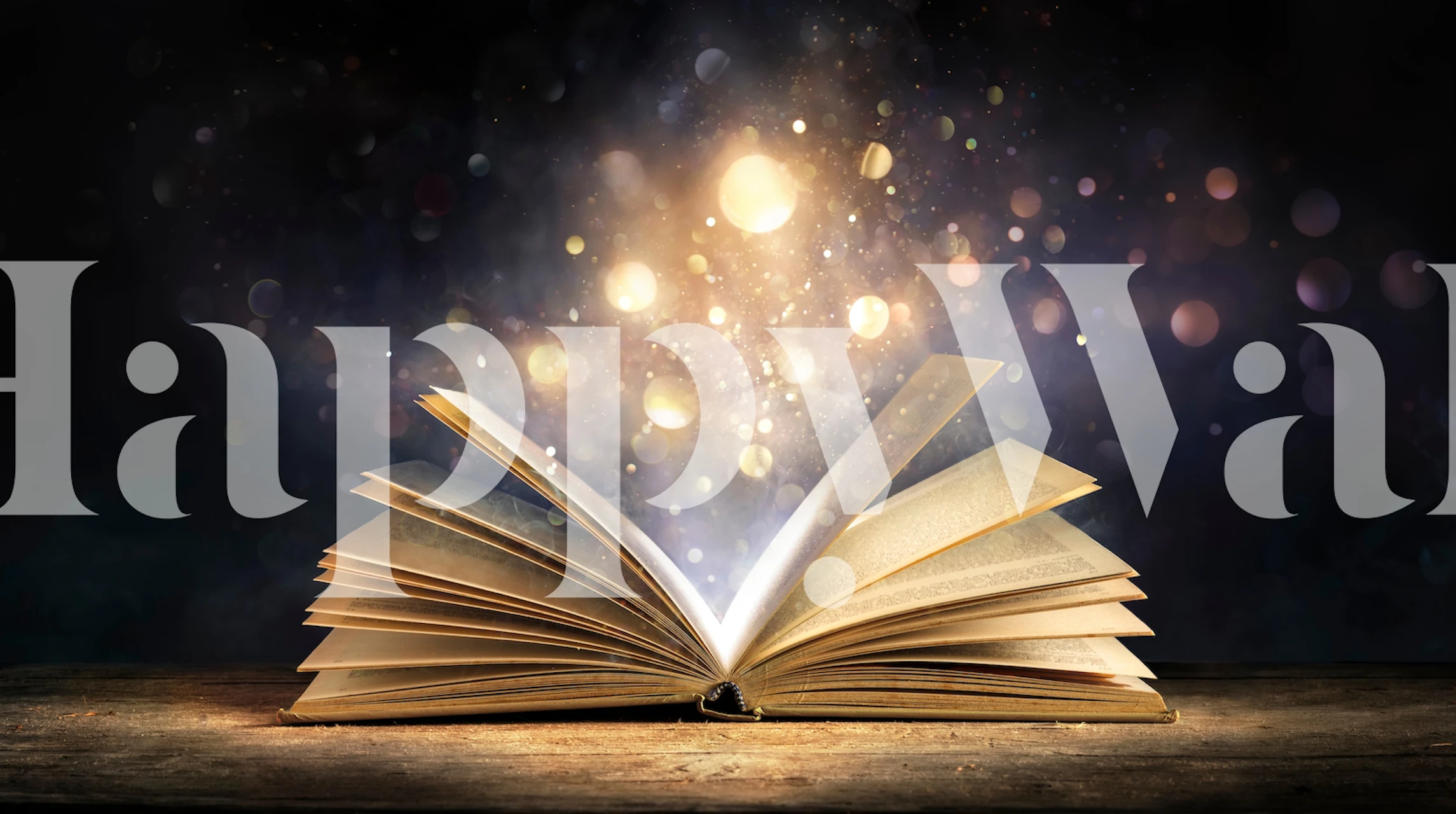 Open book with glowing pages on wooden table and shimmering lights, wallpaper