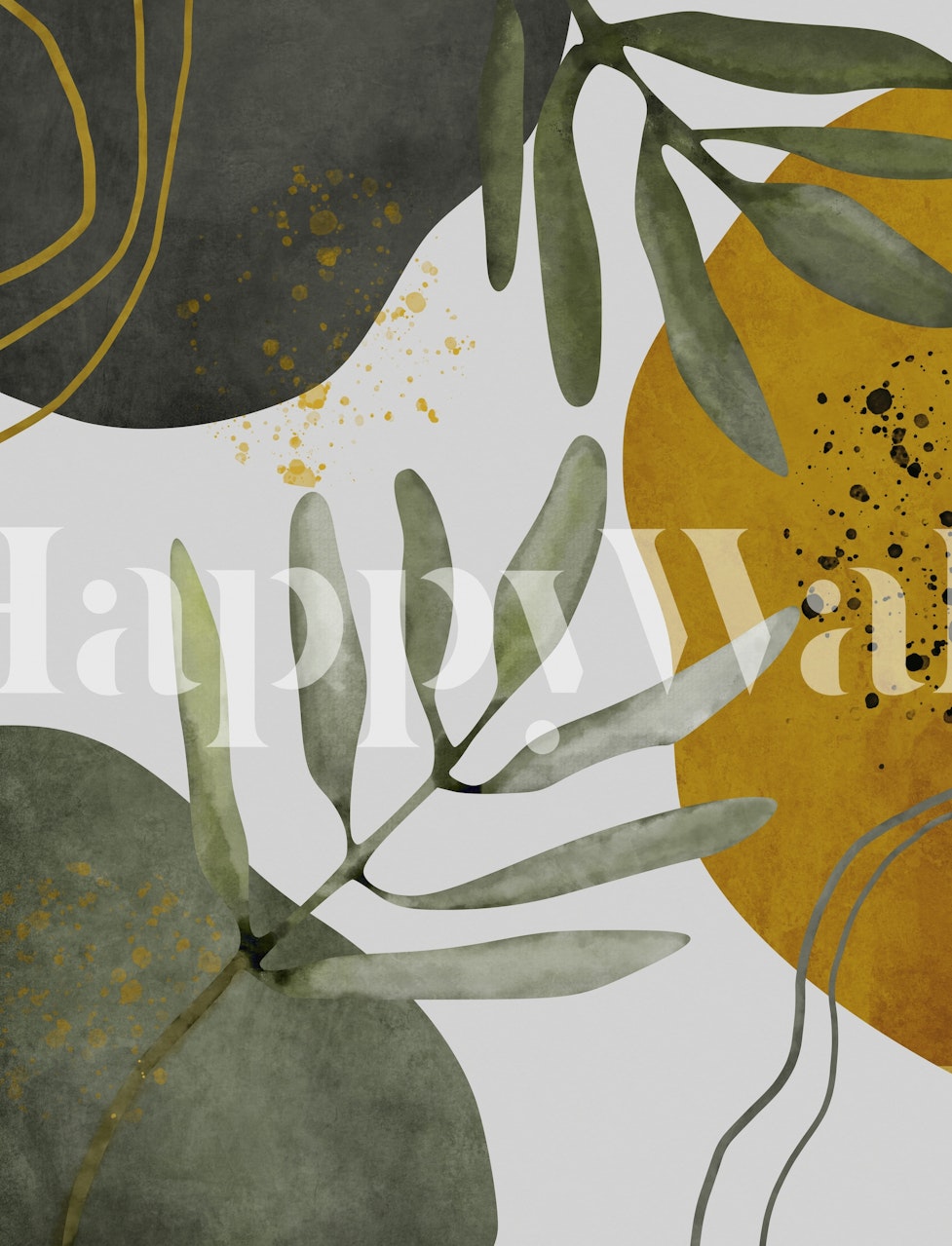 Abstract botanical leaves in muted greens with earthy-toned shapes wall mural