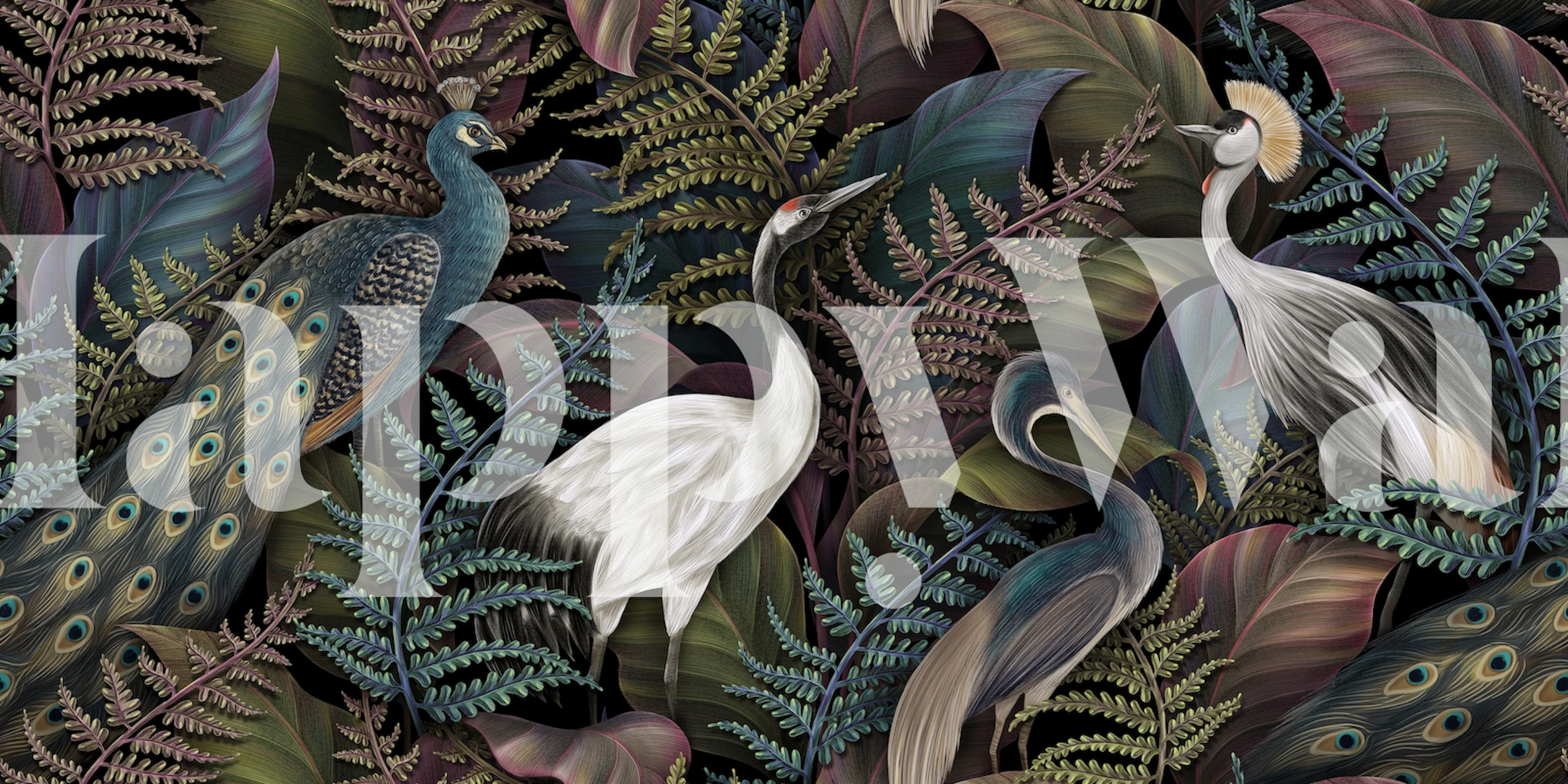 Et sofistikert veggmaleri med elegante fugler og tropisk løvverk i tett jungel.