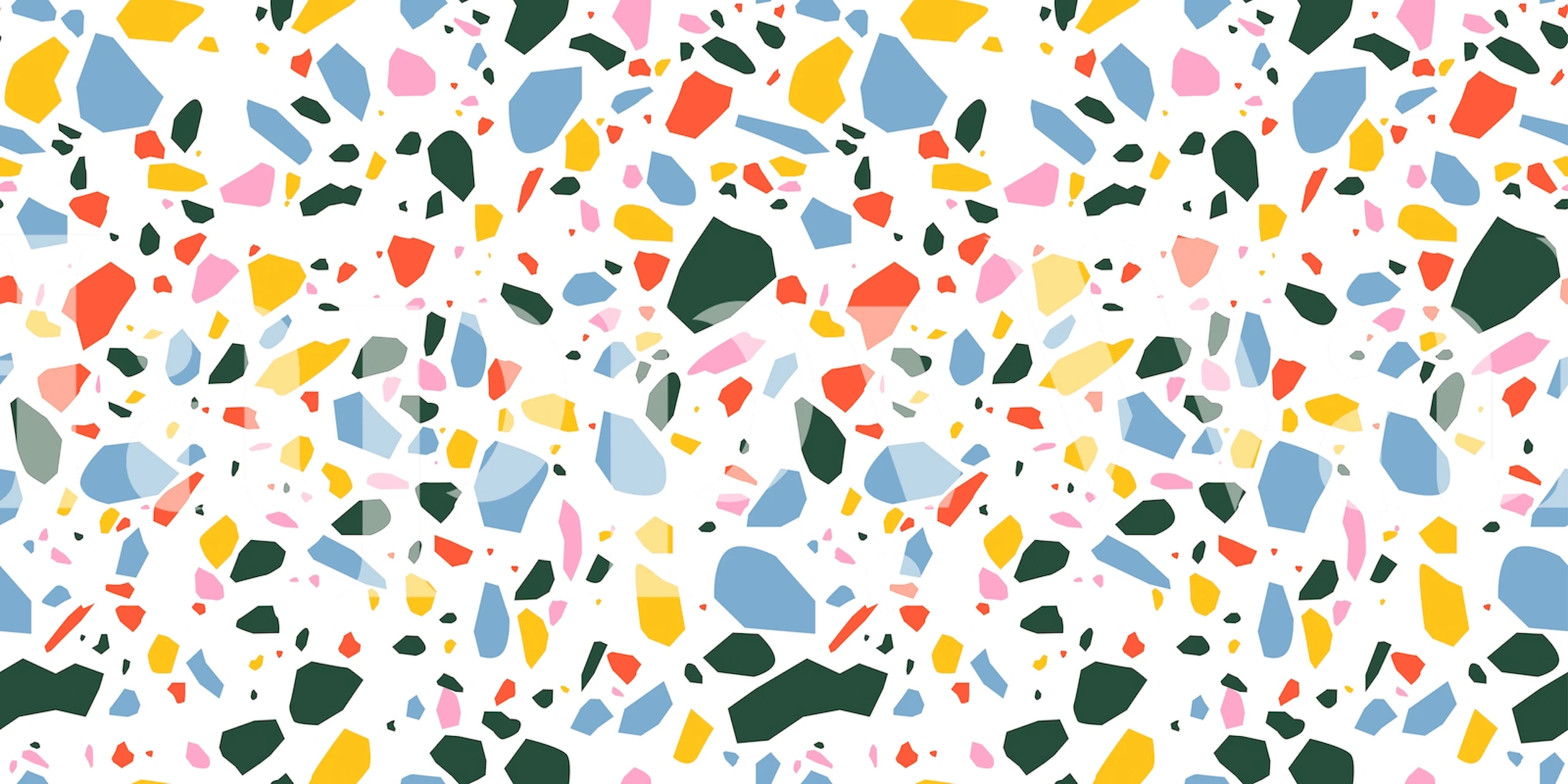 Colorful terrazzo pattern featuring blue, pink, yellow, and green shapes on white wallpaper.