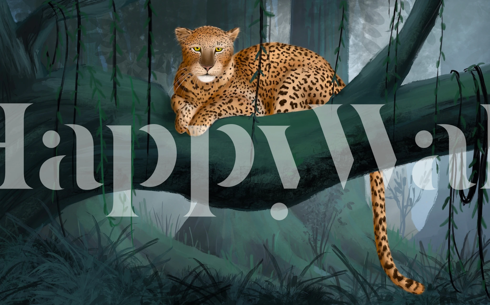 Leopard resting on tree branch in jungle with green foliage wallpaper