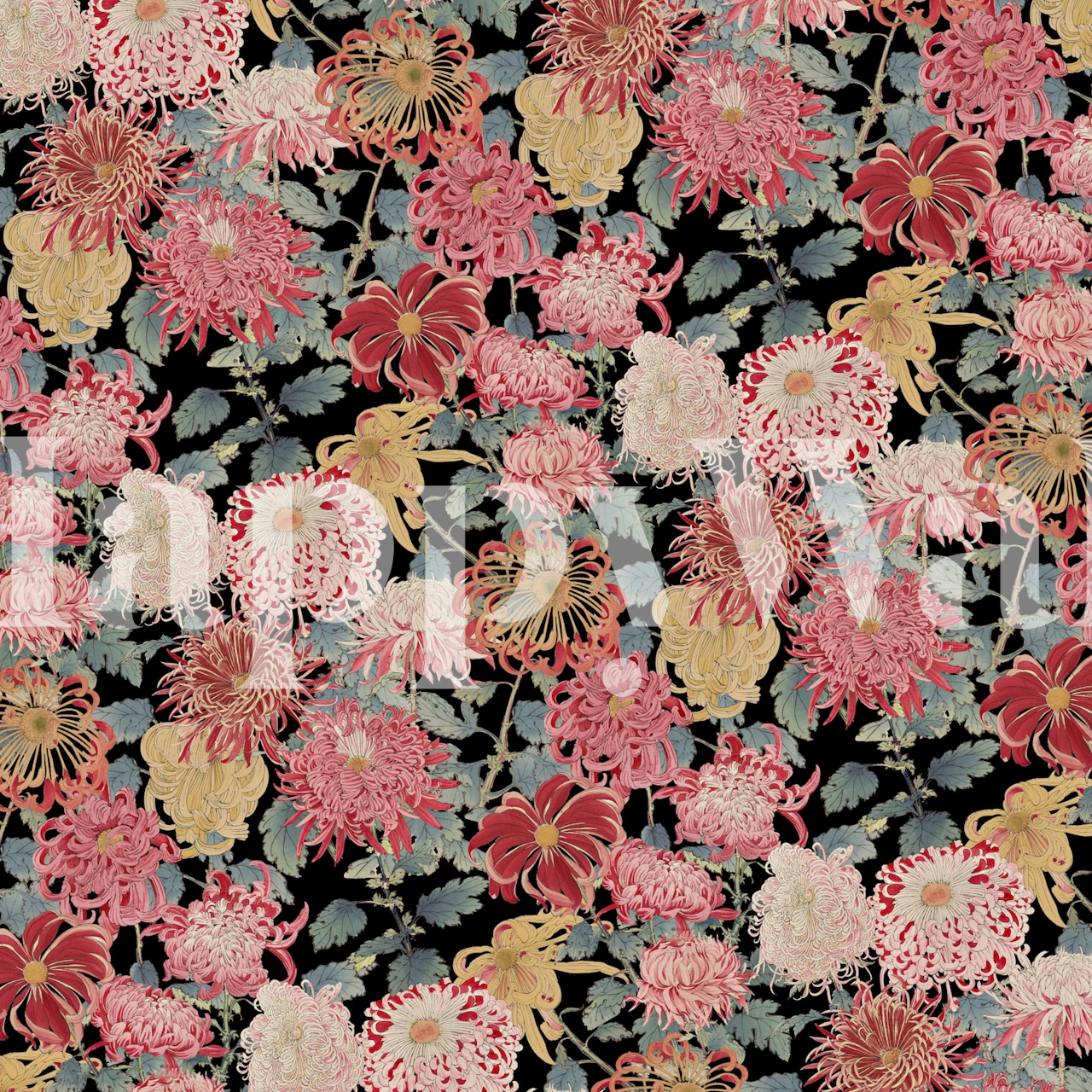 Oriental style floral patterns in pink, gold, and cream on black wallpaper