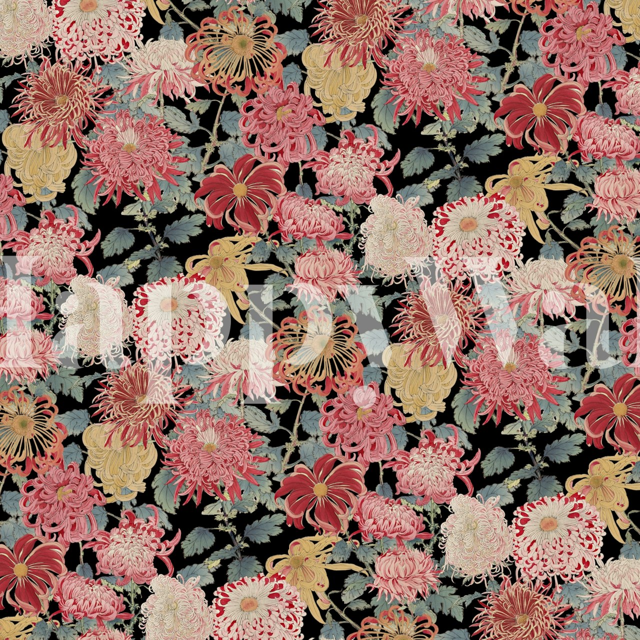 Oriental style floral patterns in pink, gold, and cream on black wallpaper