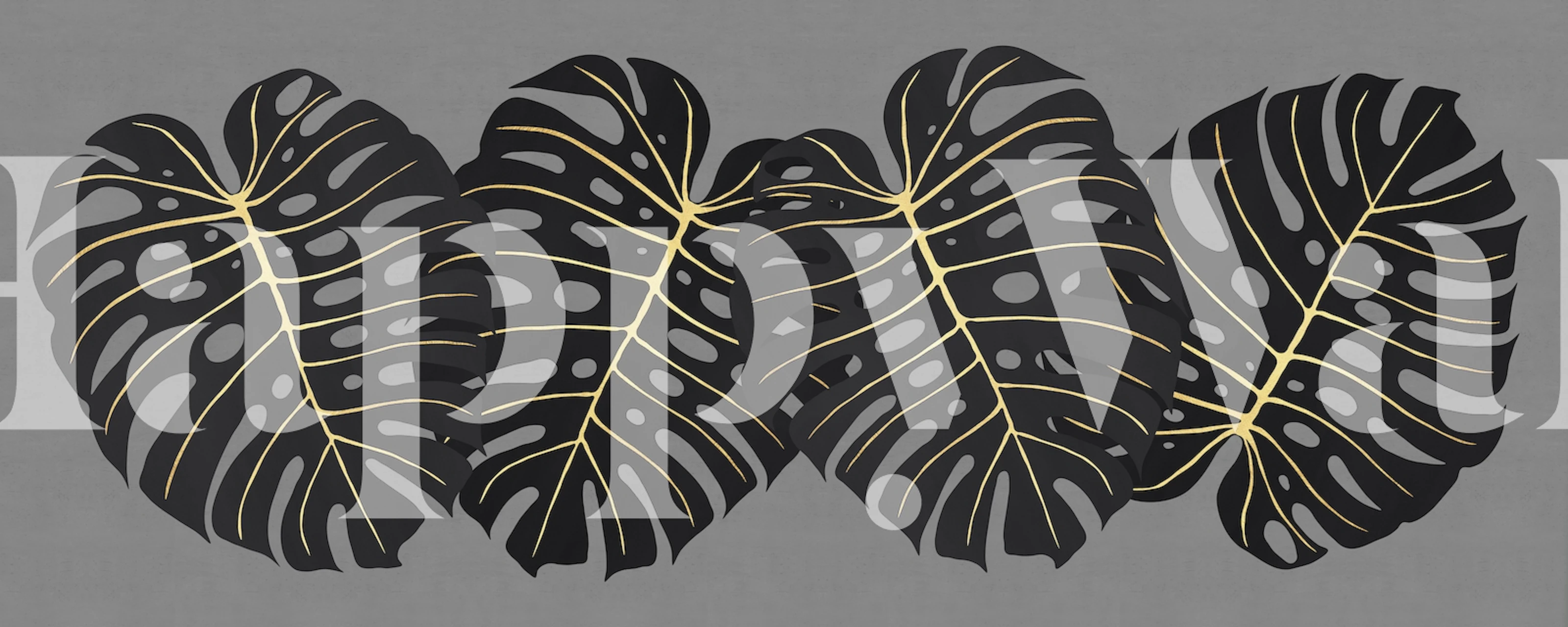 Monstera tropical leaves in black and gold on grey wallpaper