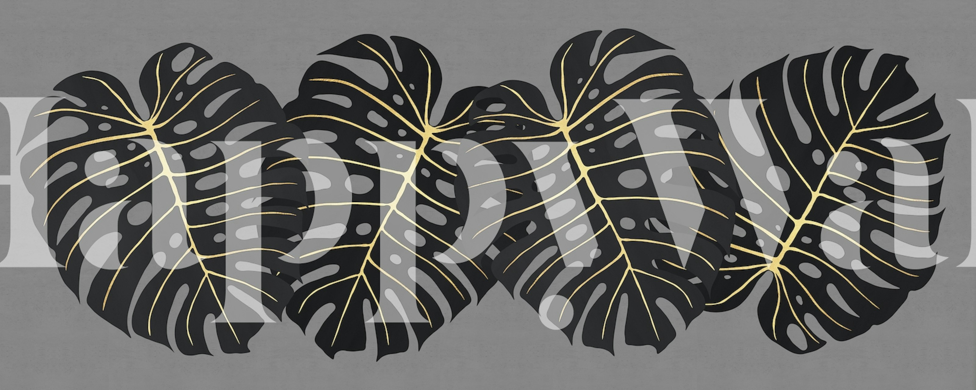 Monstera tropical leaves in black and gold on grey wallpaper