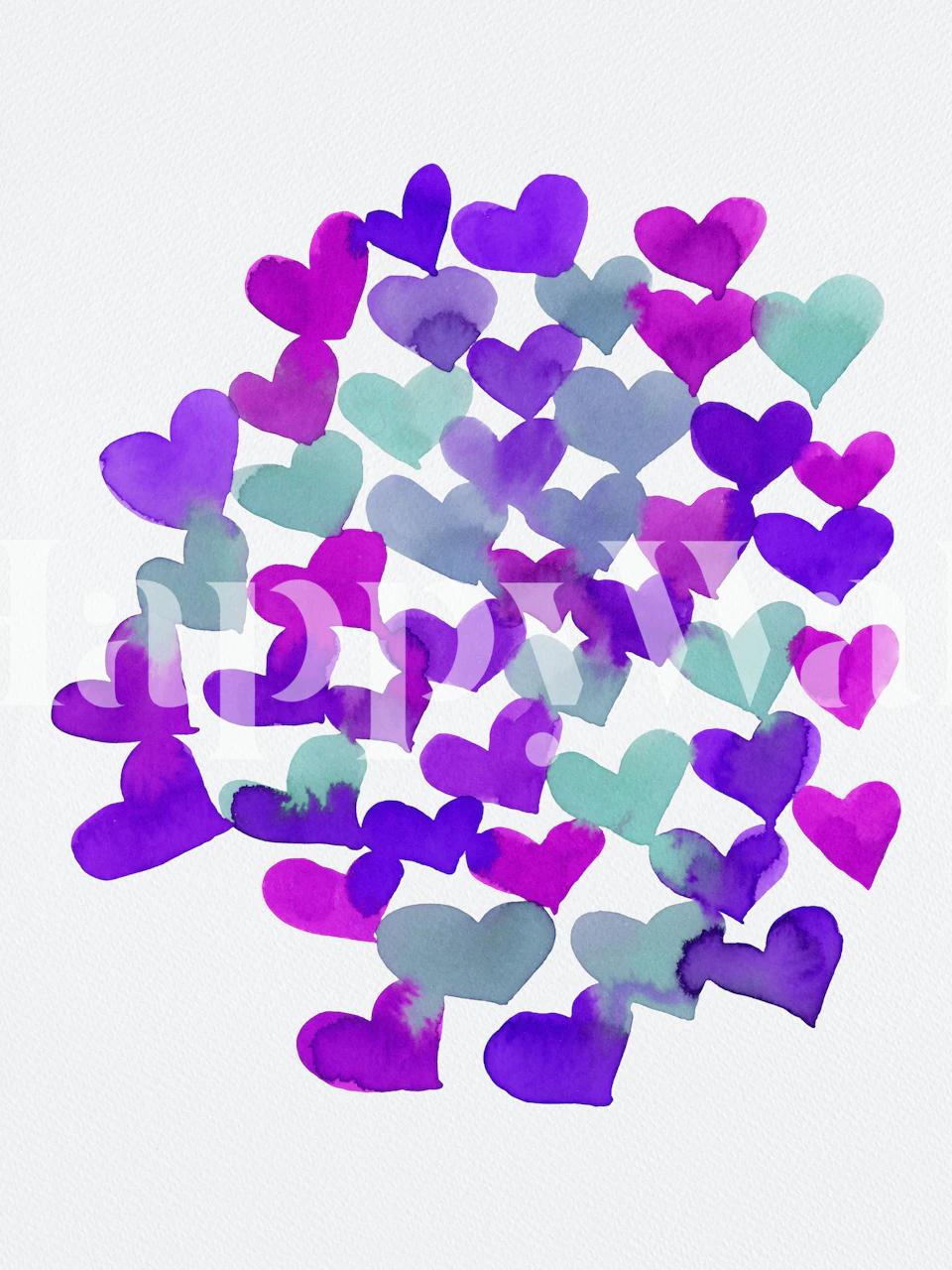 Hearts in various shades of aqua and purple softly floating on a white background