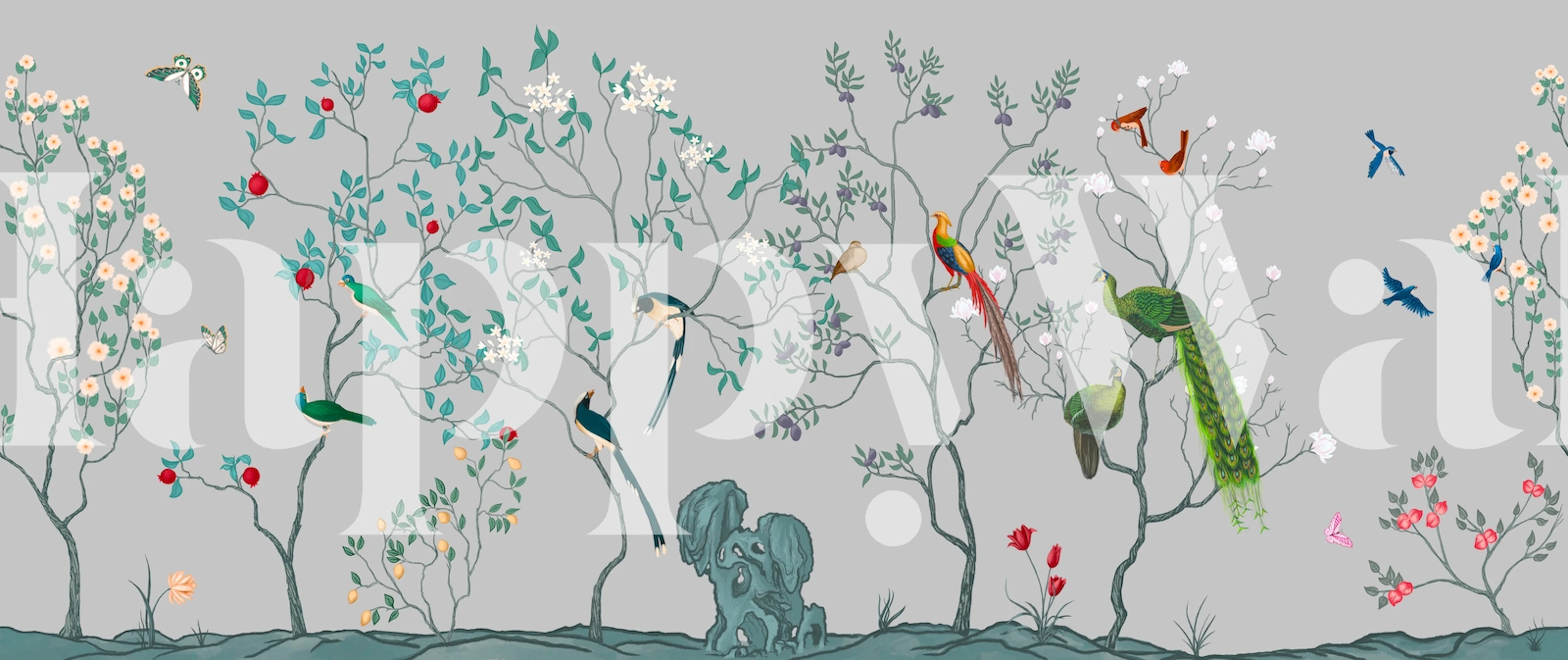 Chinoiserie floral wallpaper with colorful trees, birds, and flowers