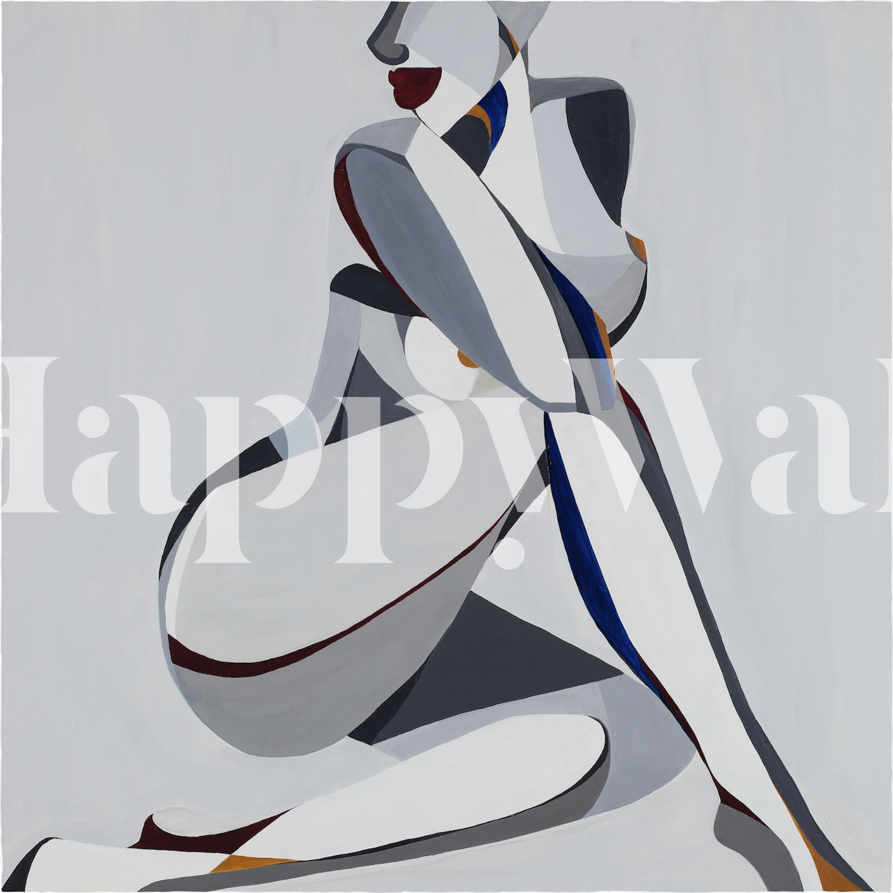 Abstract figure in grey hues with blue and brown accents wallpaper