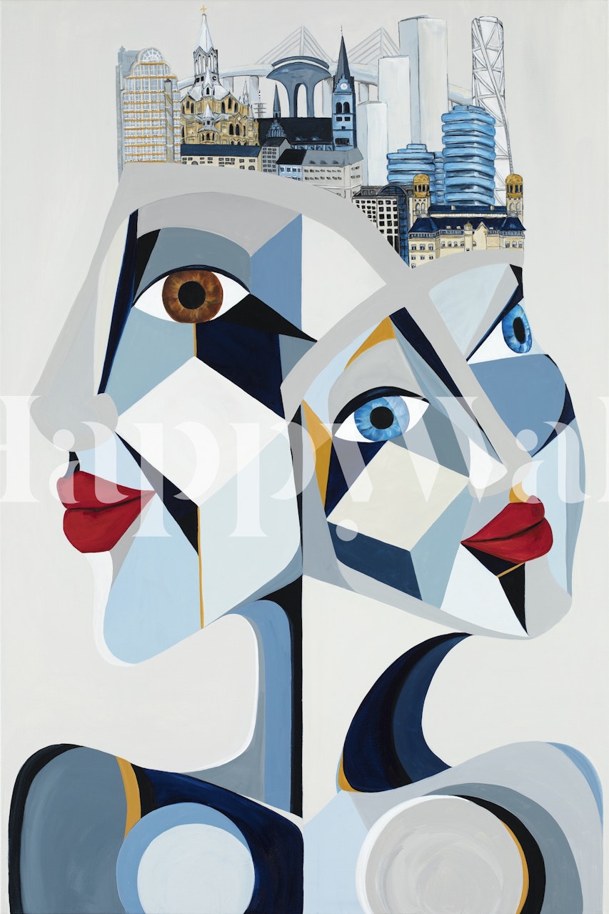 Abstract geometric wallpaper featuring connected shapes in blue and white tones.