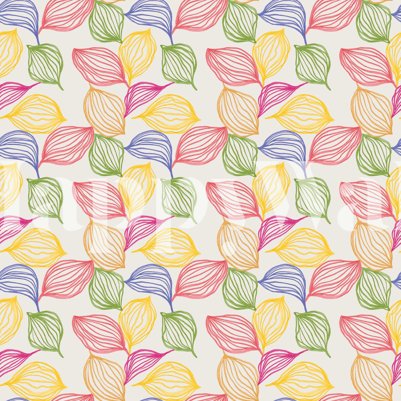 Colorful floral pattern with pink, yellow, blue, and green leaves wallpaper