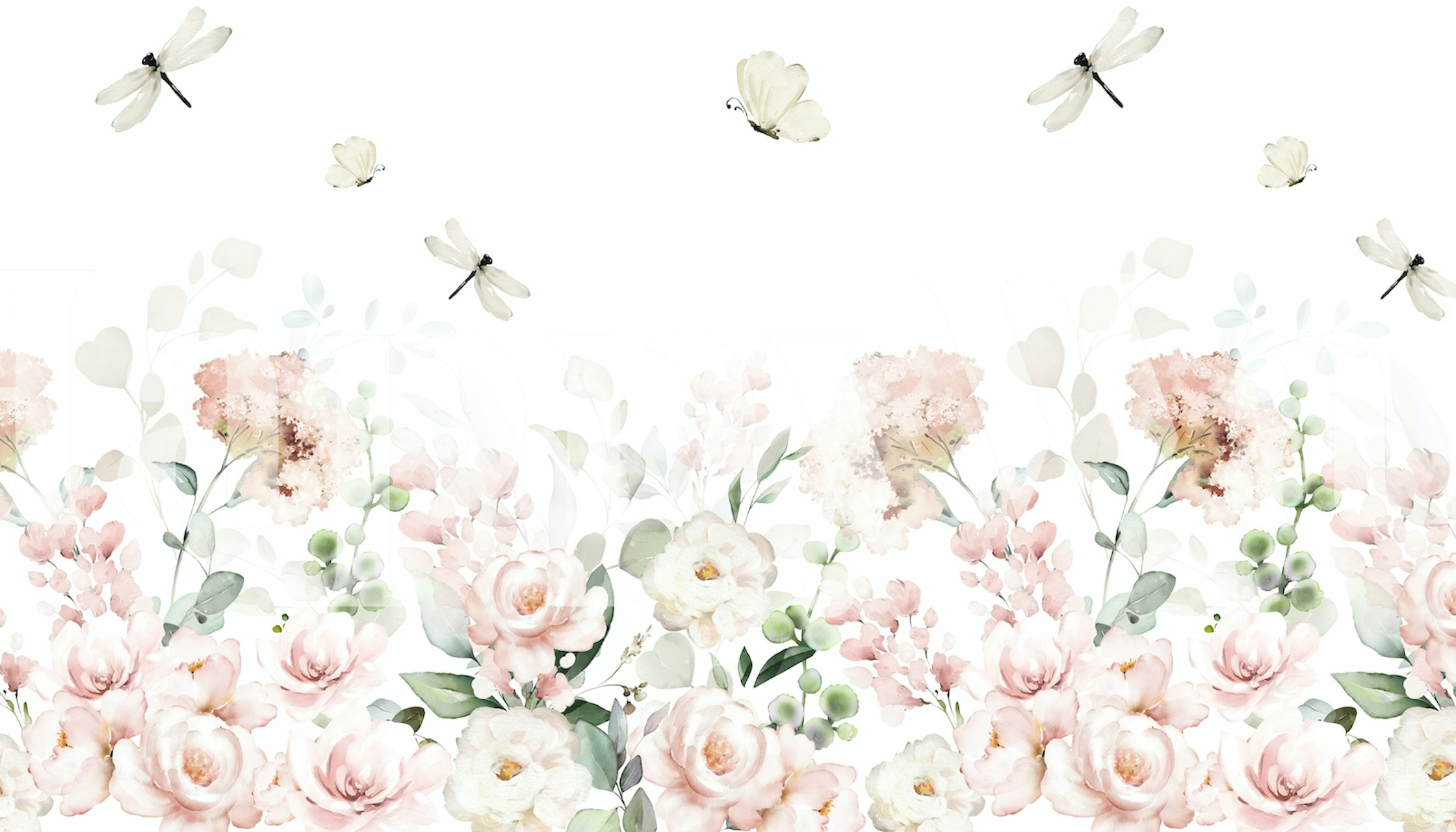 Pastel floral wallpaper featuring peonies, greenery, and butterflies