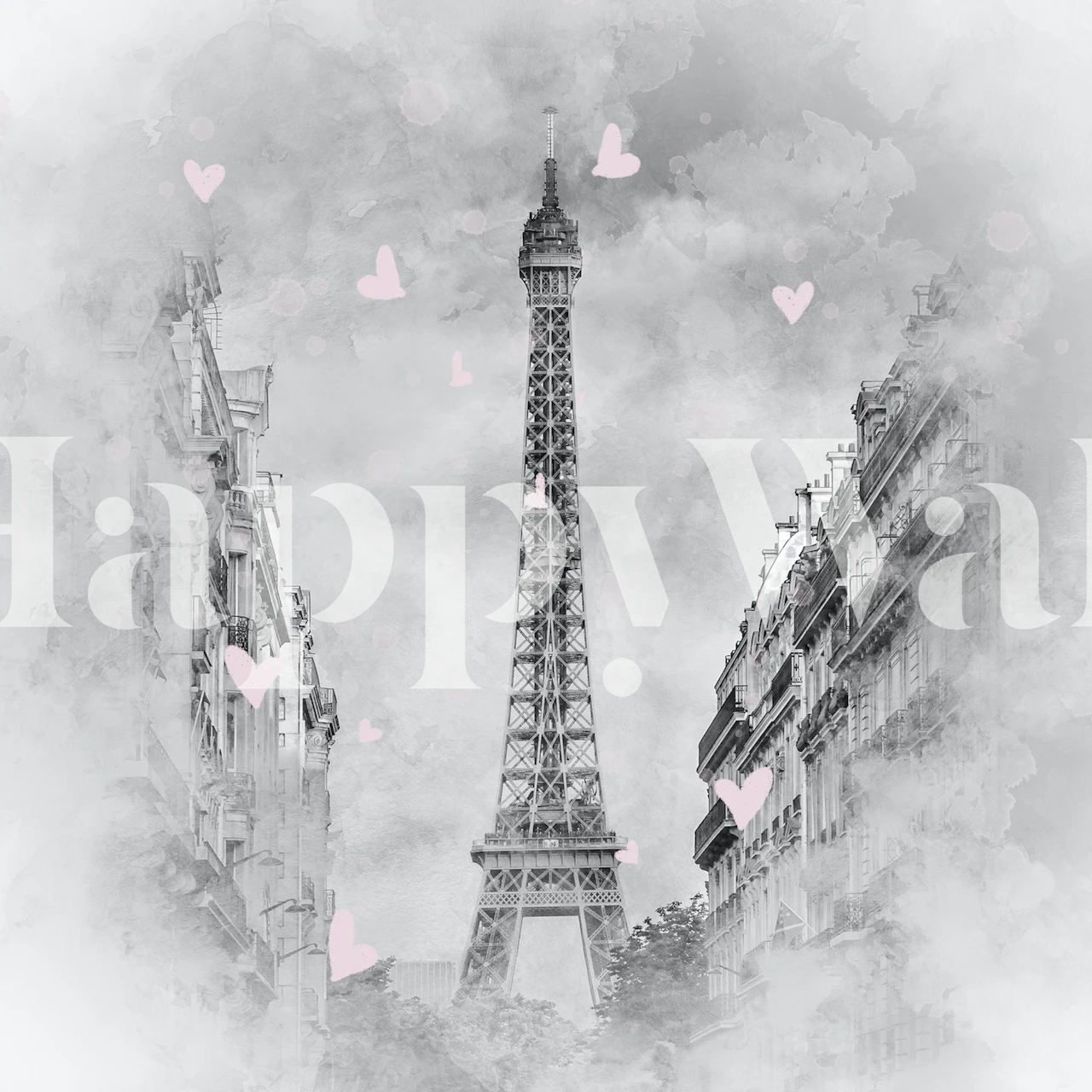 Monokrom parisisk tapet med rosa hjärtan och Eiffeltornet